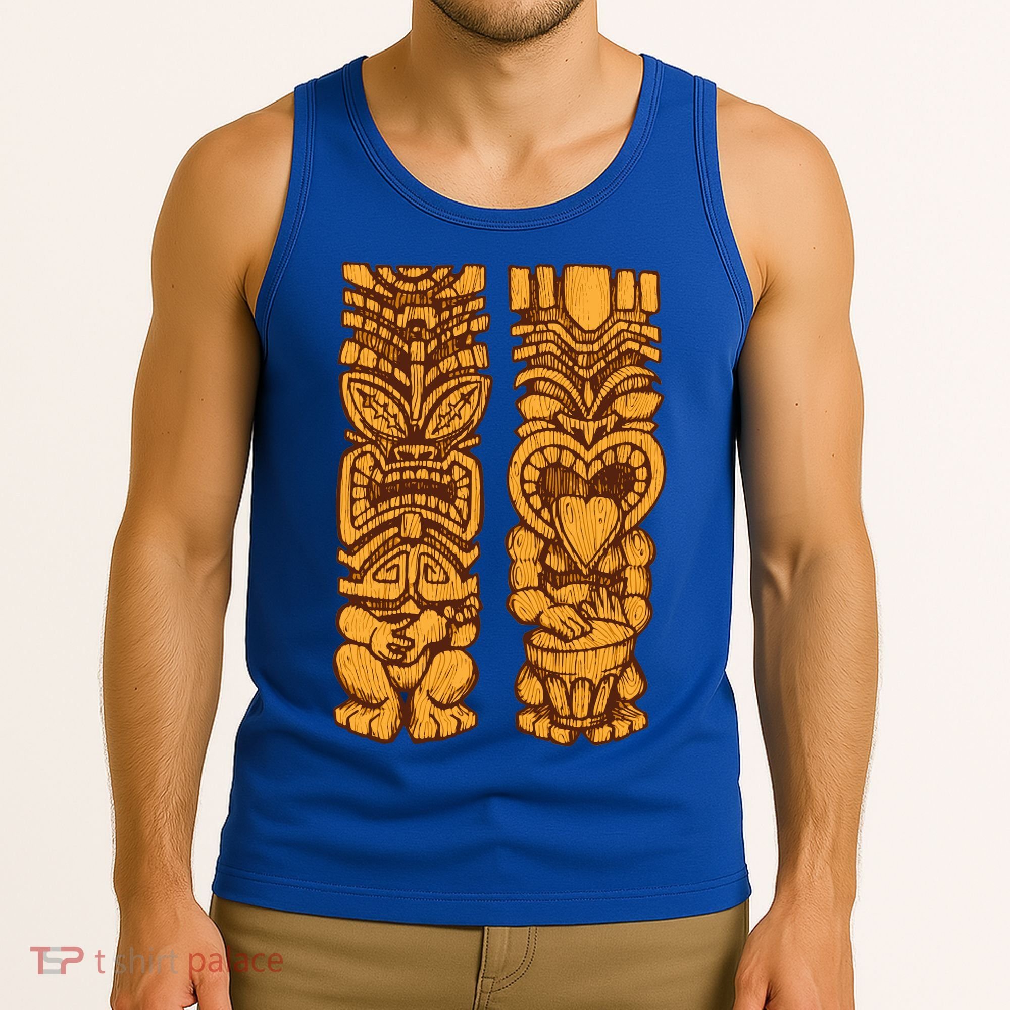 Wooden statues of Tiki with ukulele and drum Tank Top