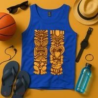 Wooden statues of Tiki with ukulele and drum Tank Top thumb 4
