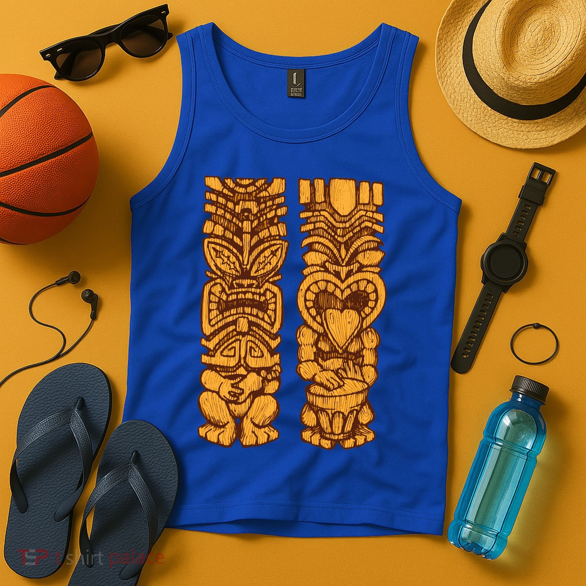 Wooden statues of Tiki with ukulele and drum Tank Top