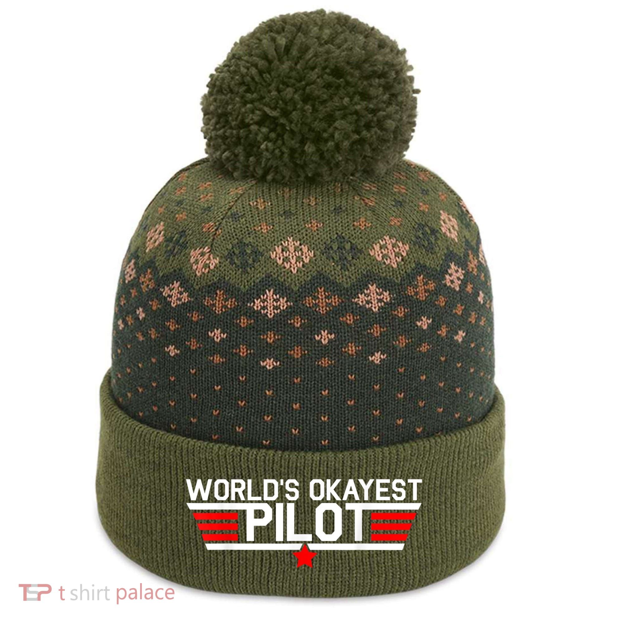 Worlds Okayest Pilot Funny Aviator Aviation Flying Mens The Baniff Cuffed Pom Beanie