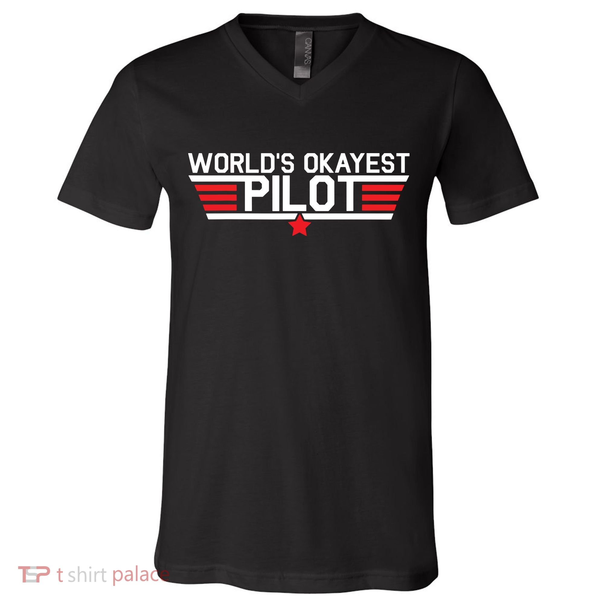 Worlds Okayest Pilot Funny Aviator Aviation Flying V-Neck T-Shirt