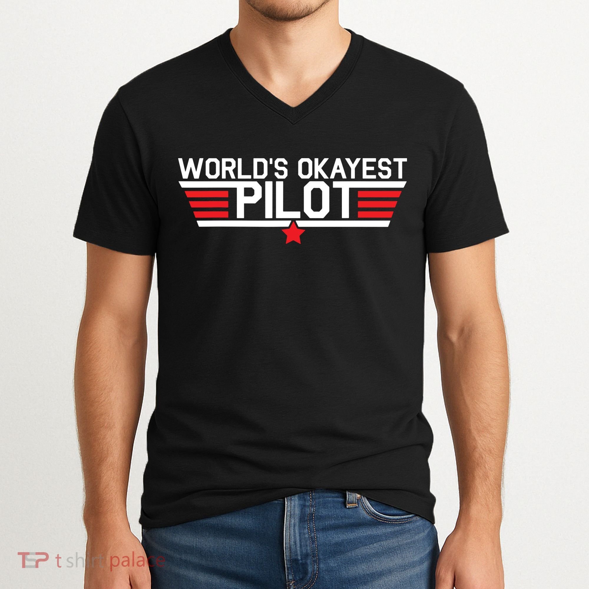 Worlds Okayest Pilot Funny Aviator Aviation Flying V-Neck T-Shirt