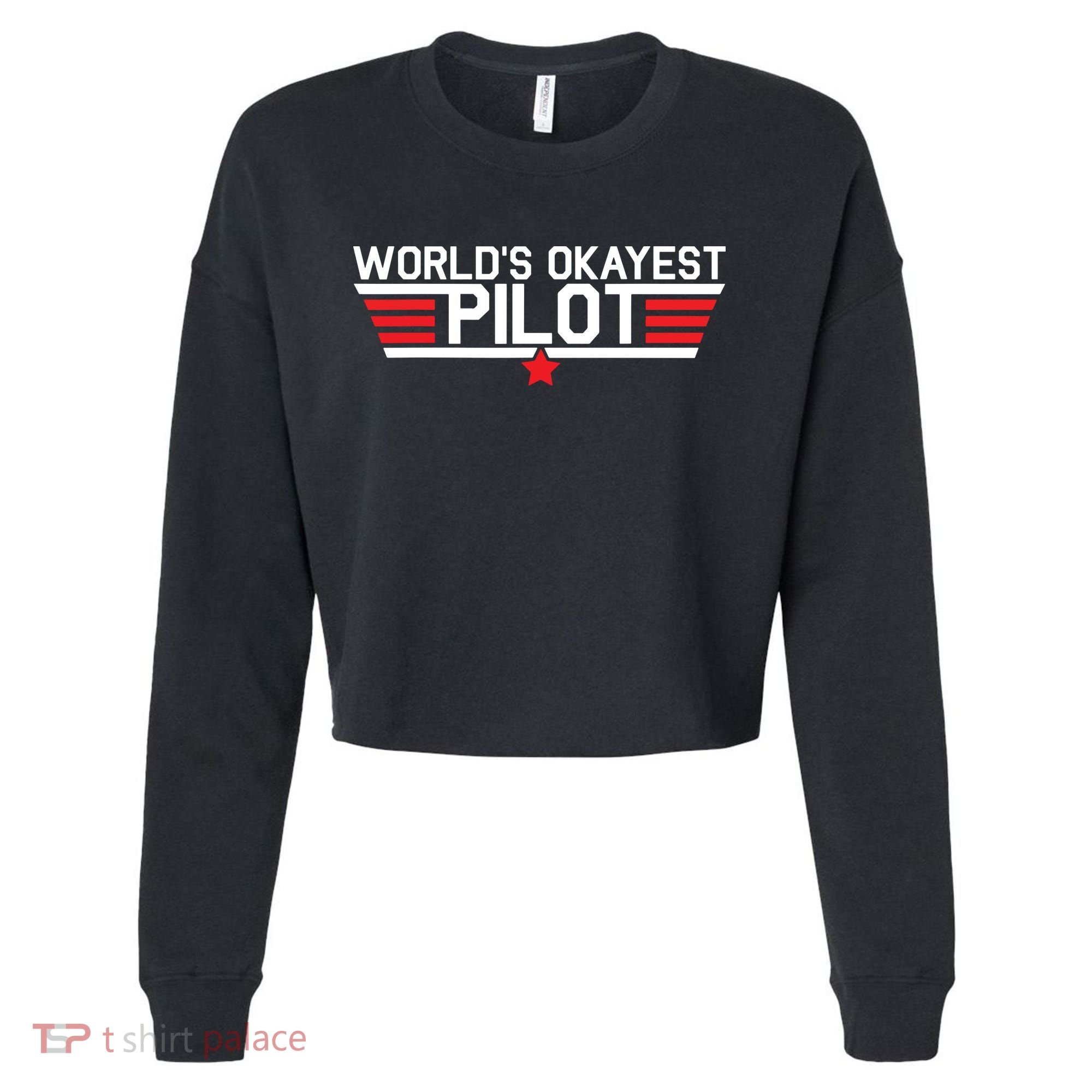Worlds Okayest Pilot Funny Aviator Aviation Flying Cropped Pullover Crew