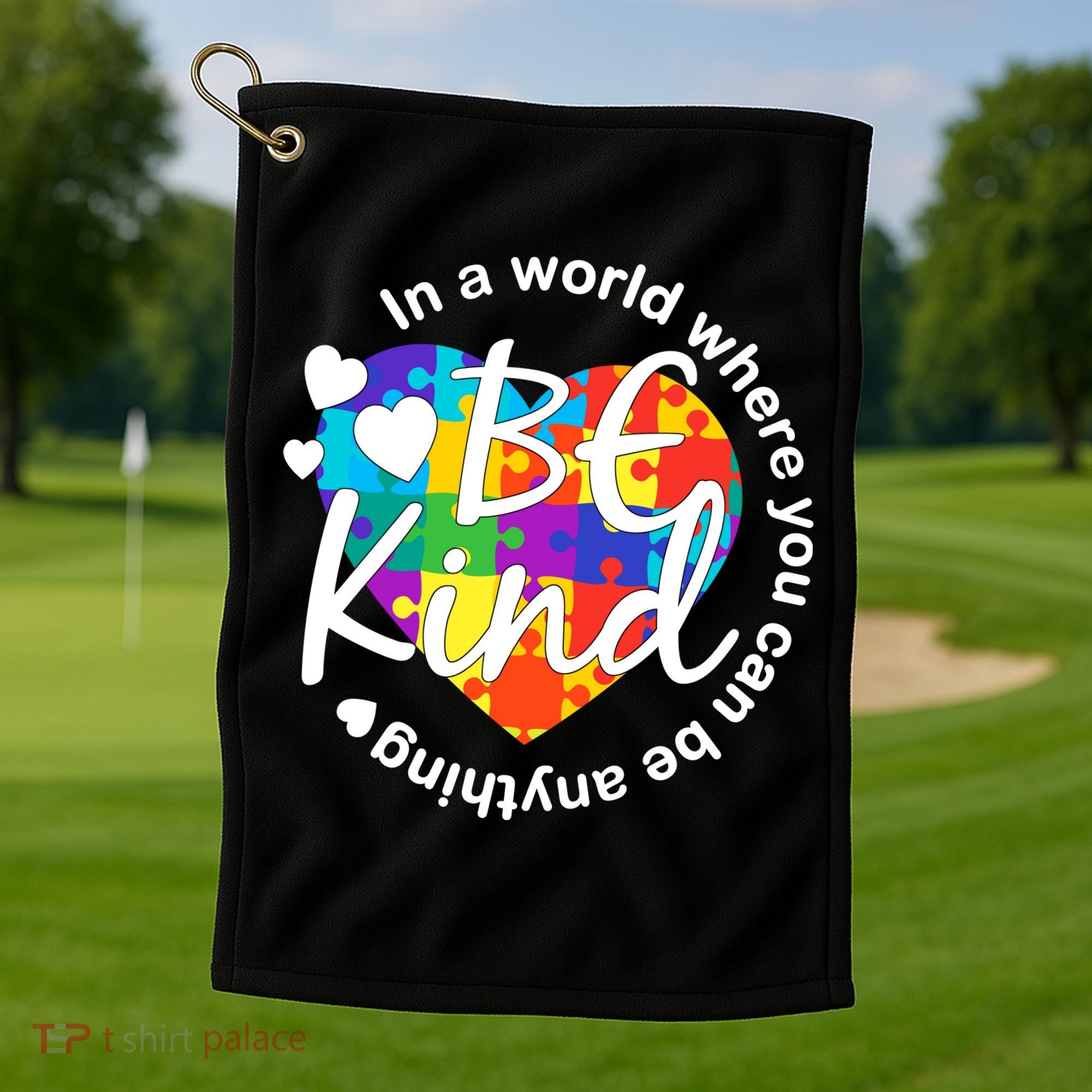 World Where You Can Be Anything Be Kind Autism Heart Golf Towel