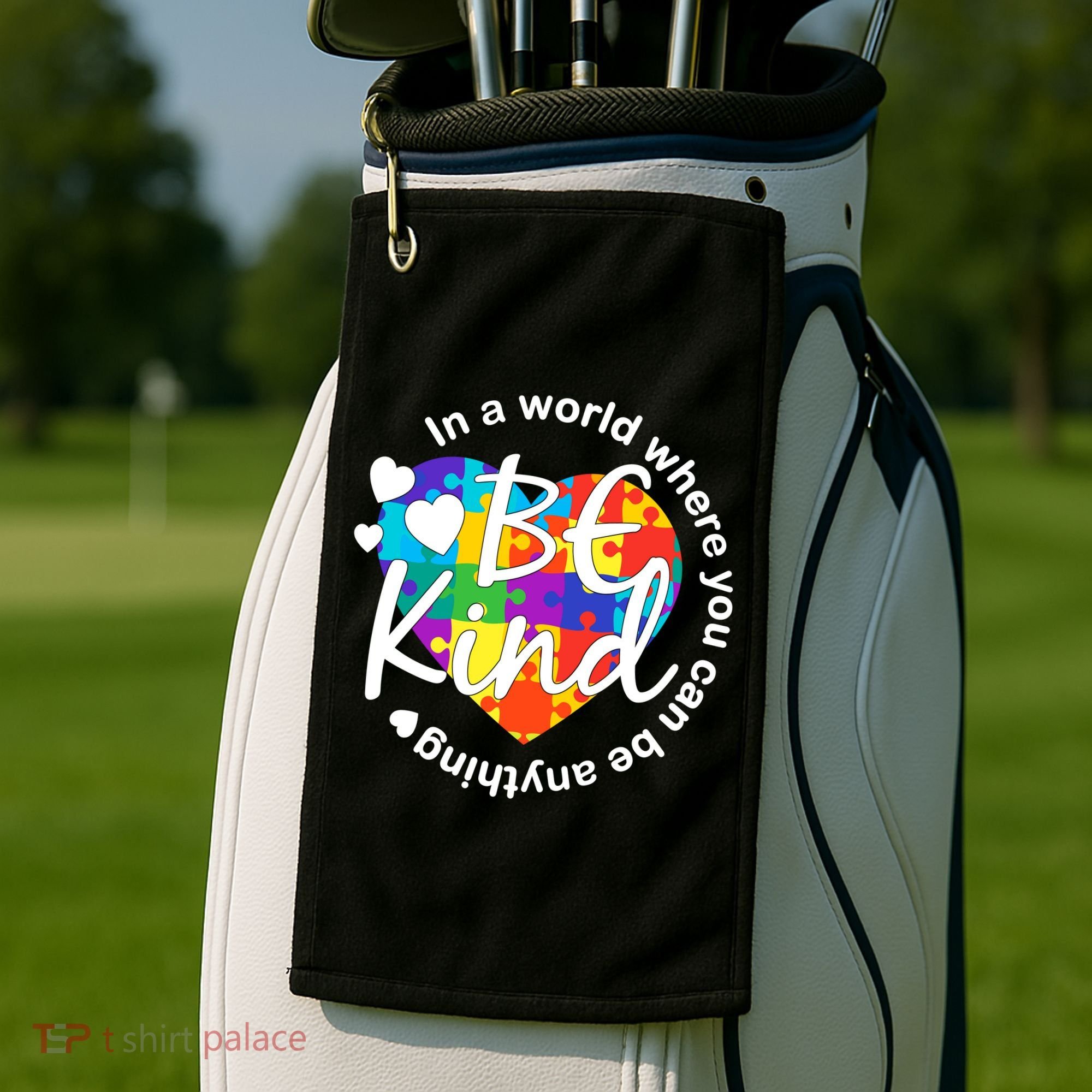 World Where You Can Be Anything Be Kind Autism Heart Golf Towel