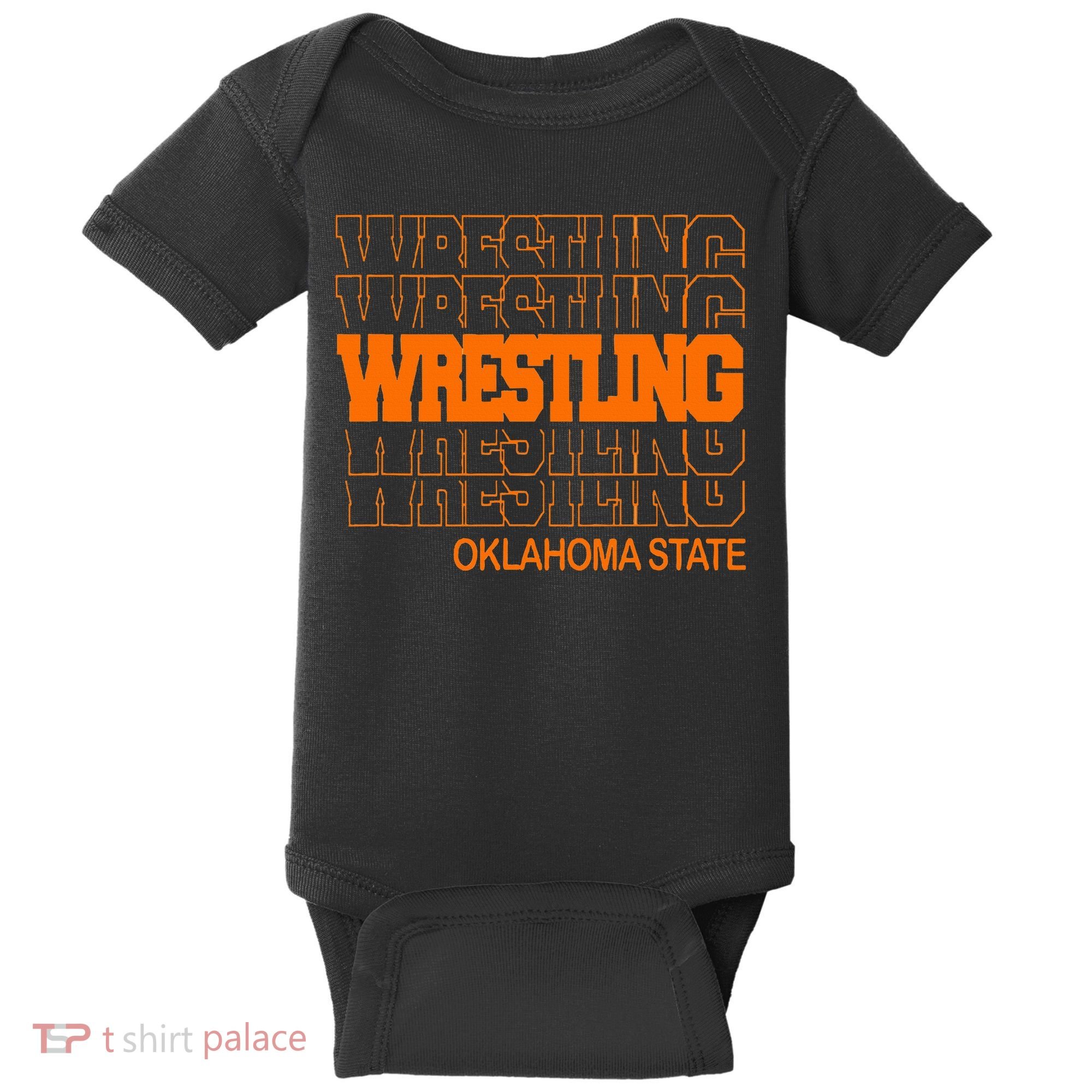 Wrestling O.K.L.A.H.O.M.A State In Modern Stacked Lettering Baby Bodysuit