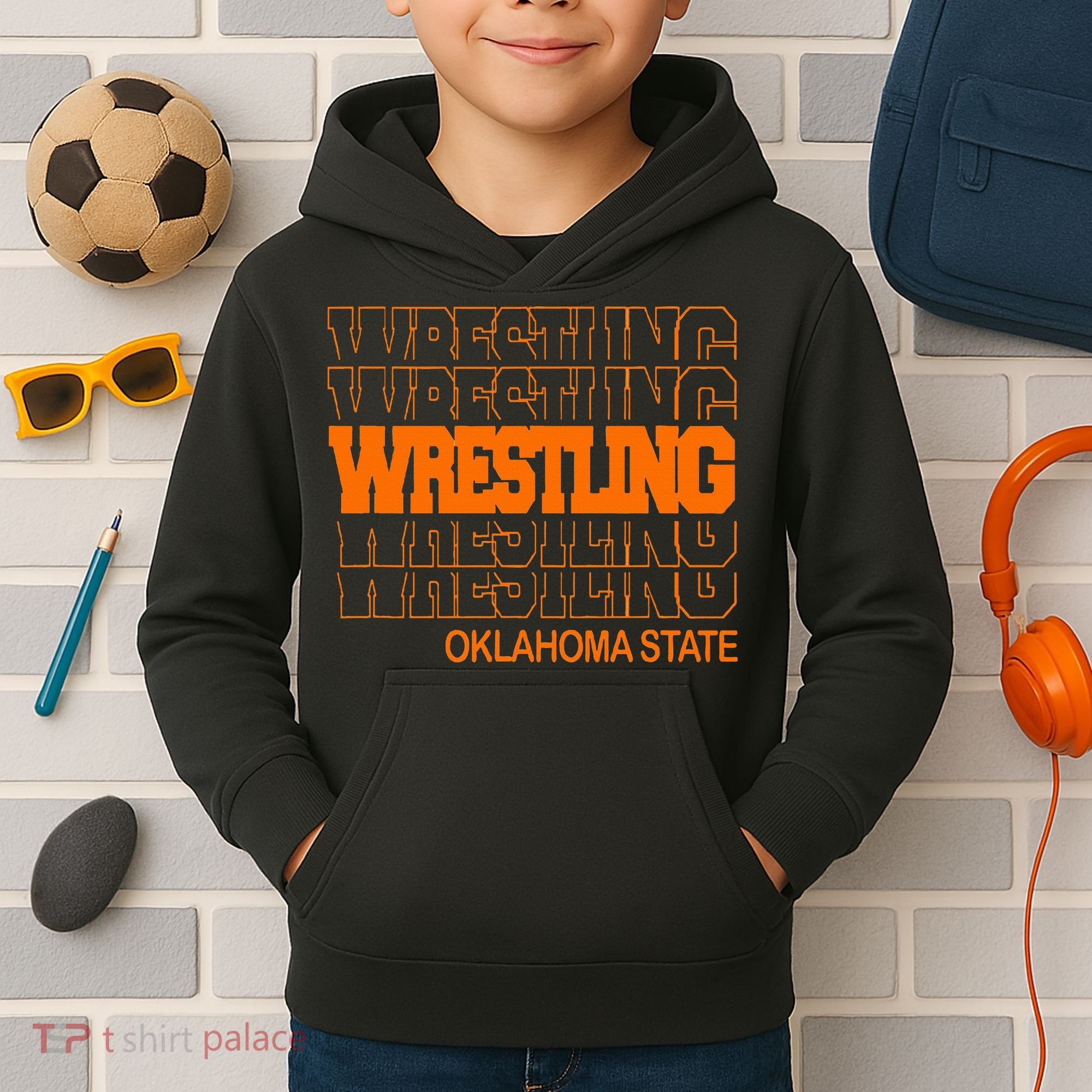 Wrestling O.K.L.A.H.O.M.A State In Modern Stacked Lettering Kids Hoodie