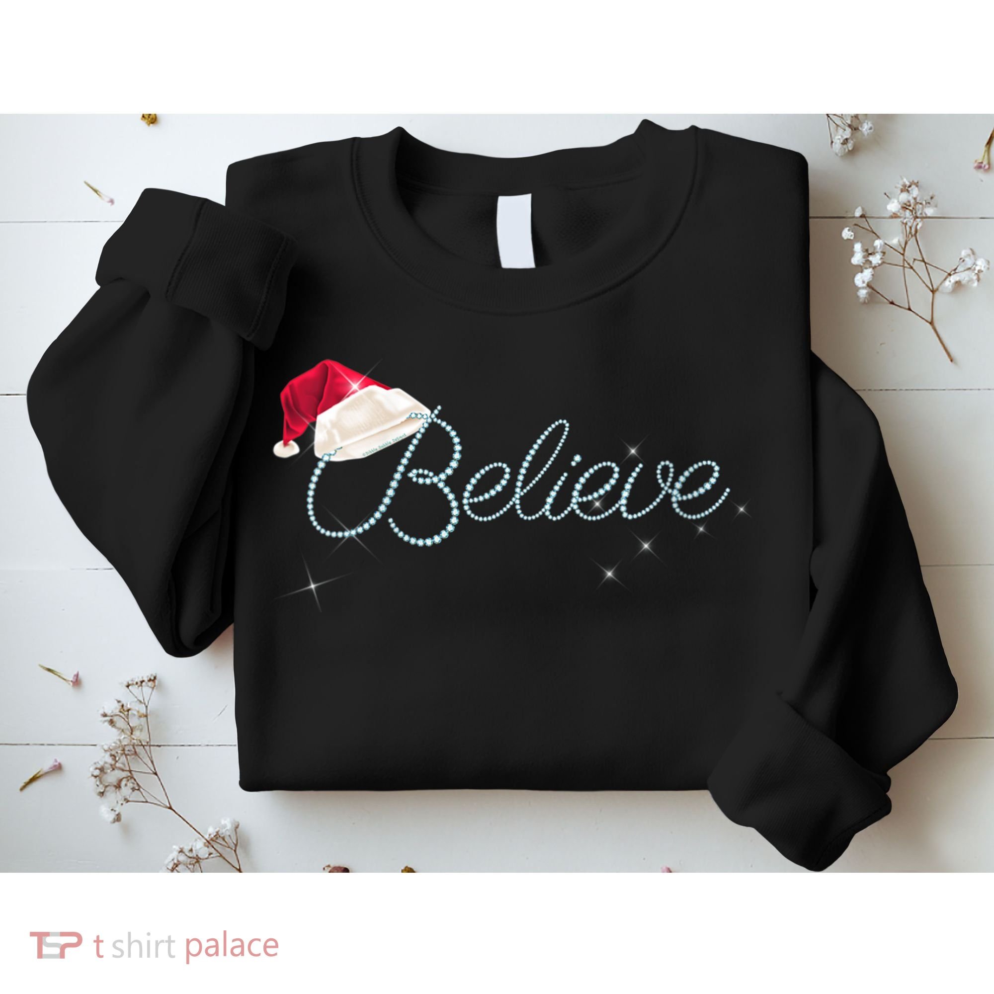 Wo Pretty BELIEVE with Santa Hat Holiday Christmas V-Neck Sweatshirt