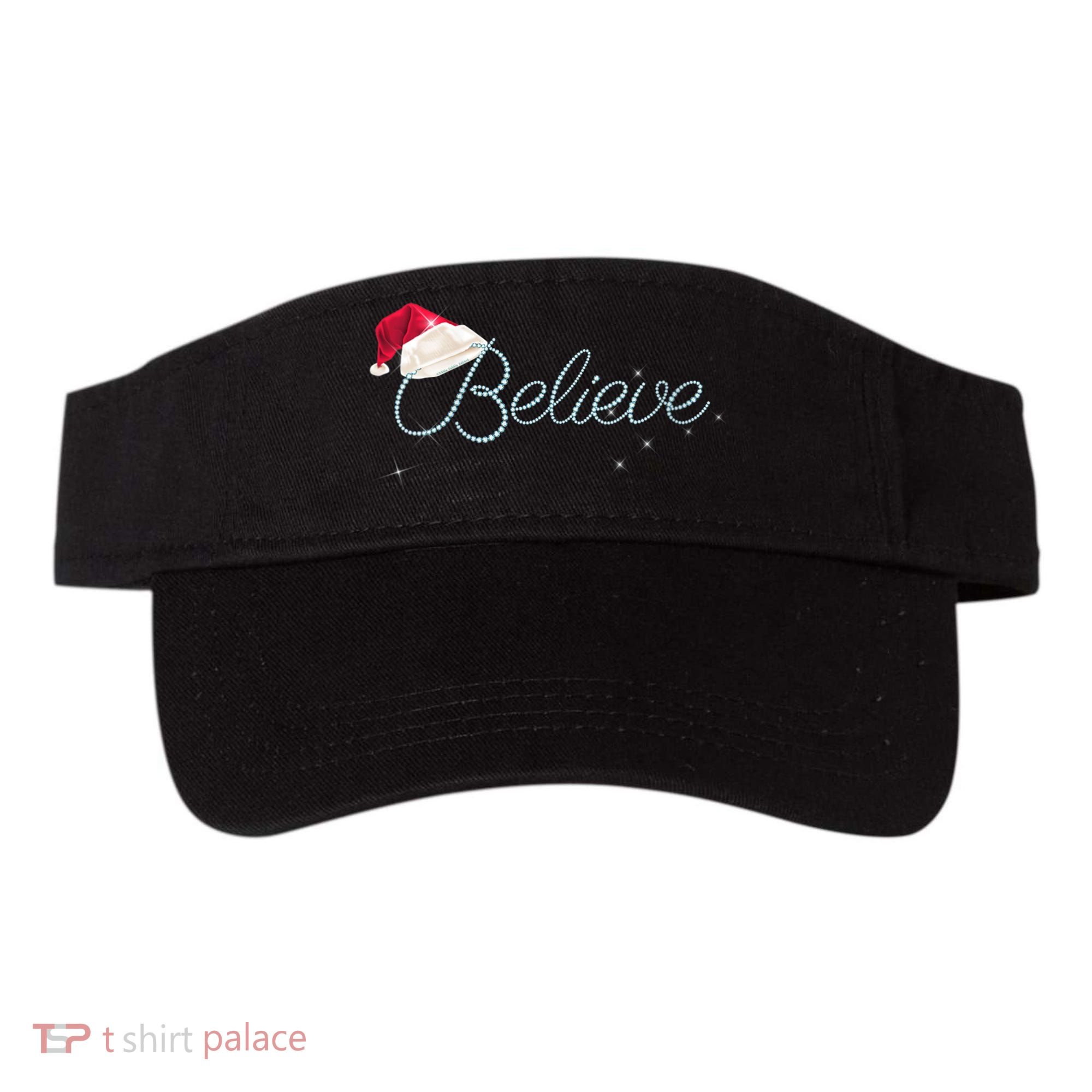 Wo Pretty BELIEVE with Santa Hat Holiday Christmas V-Neck Visor