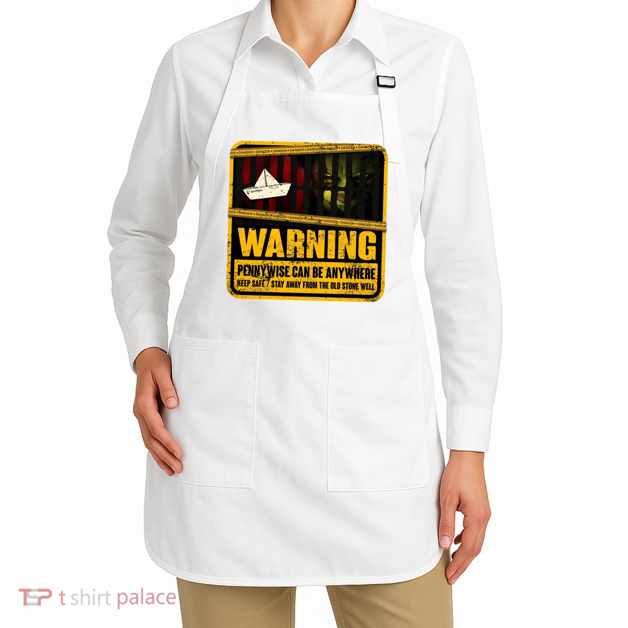 Warning Pennywise Can Be Anywhere Keep Safe Scary Horror Clown Halloween Apron