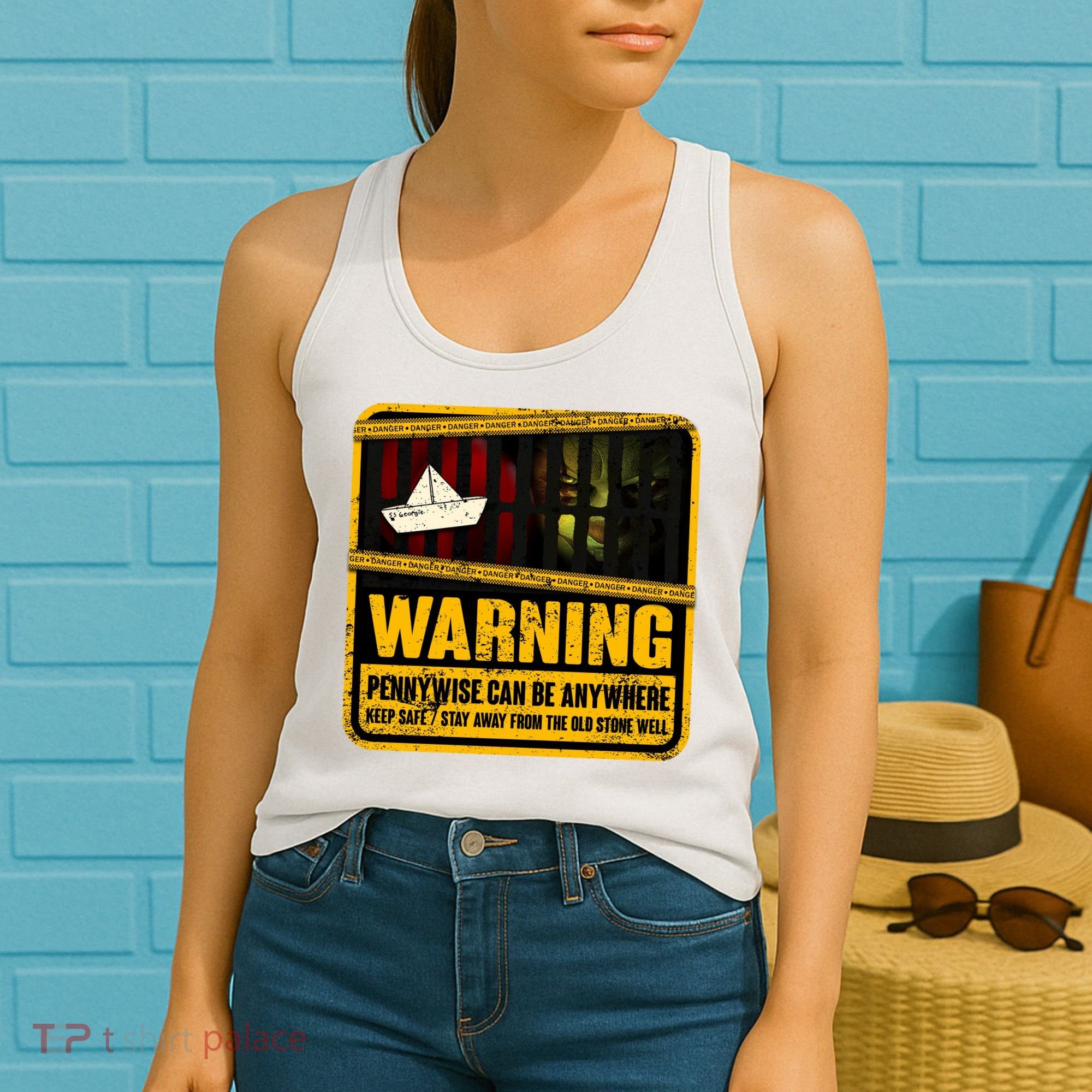 Warning Pennywise Can Be Anywhere Keep Safe Scary Horror Clown Halloween Women's Tank Top