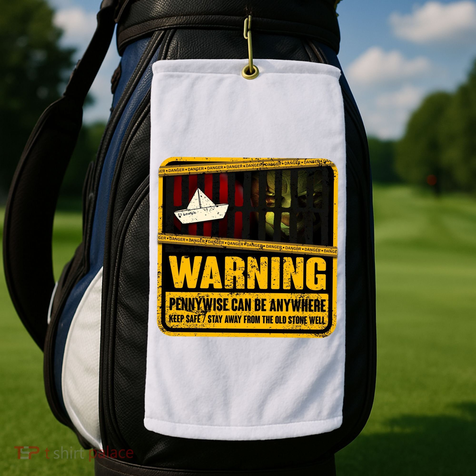 Warning Pennywise Can Be Anywhere Keep Safe Scary Horror Clown Halloween Golf Towel