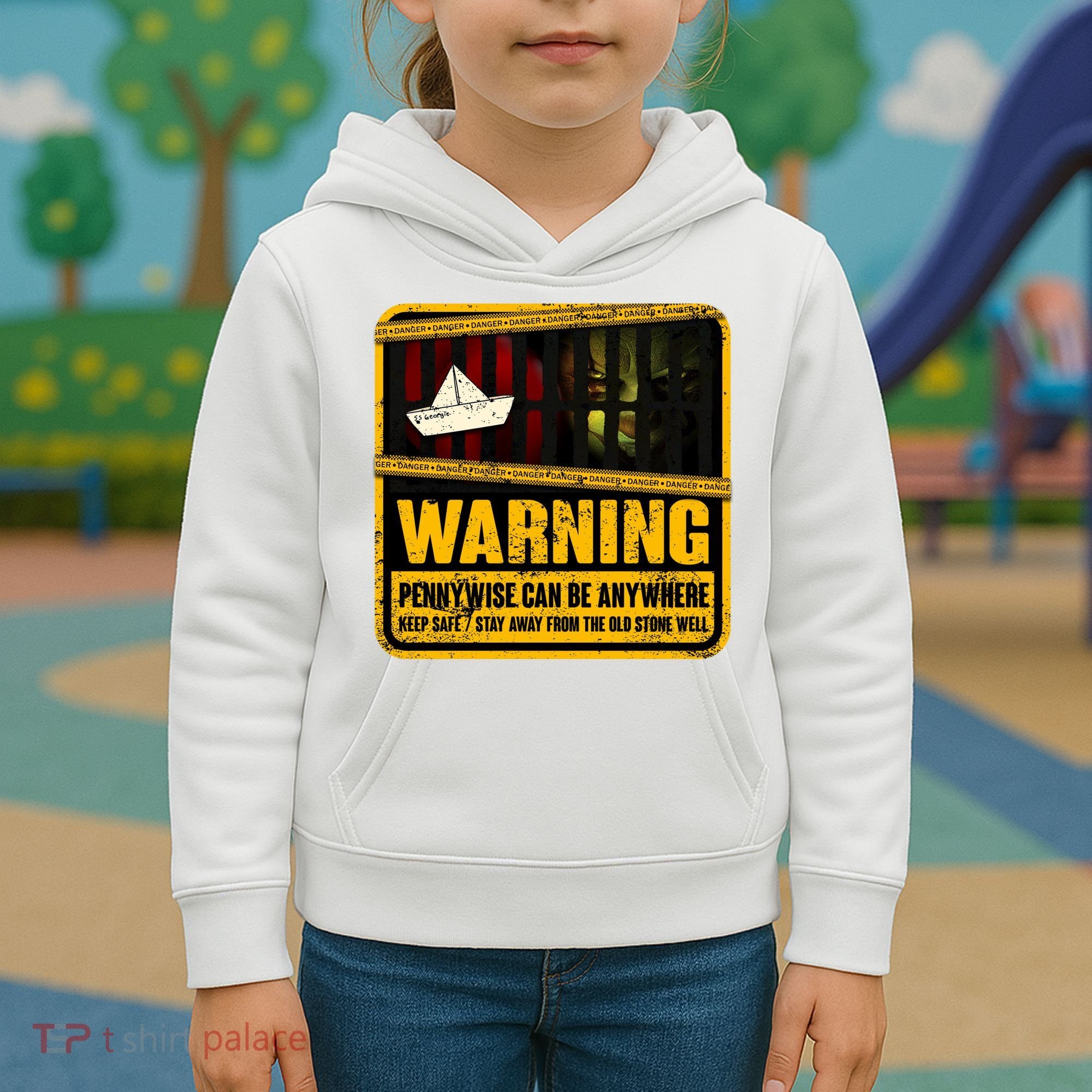 Warning Pennywise Can Be Anywhere Keep Safe Scary Horror Clown Halloween Kids Hoodie