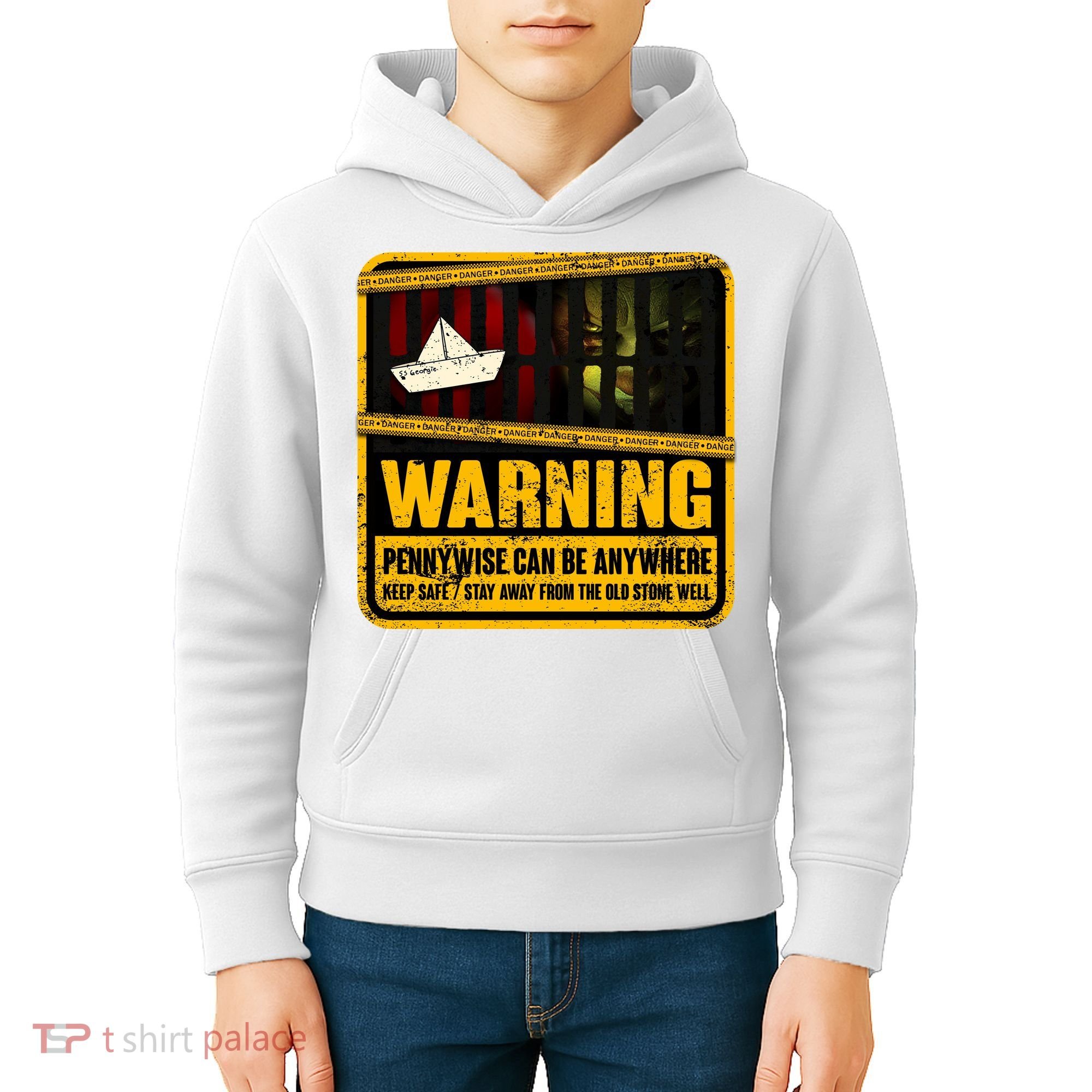 Warning Pennywise Can Be Anywhere Keep Safe Scary Horror Clown Halloween Kids Hoodie