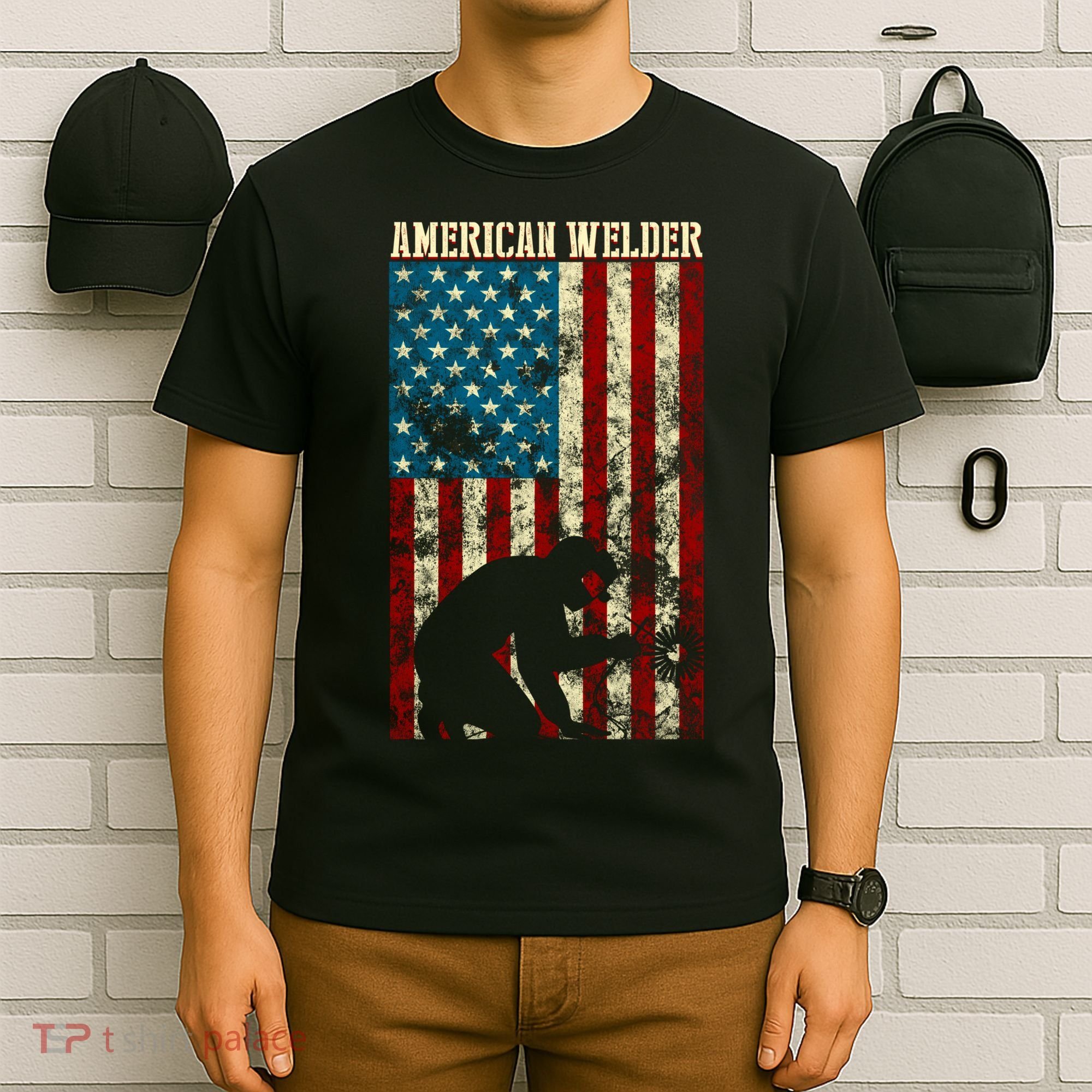 Welding Patriotic Distressed Usa American Flag Gift Welder Gift T-Shirt
