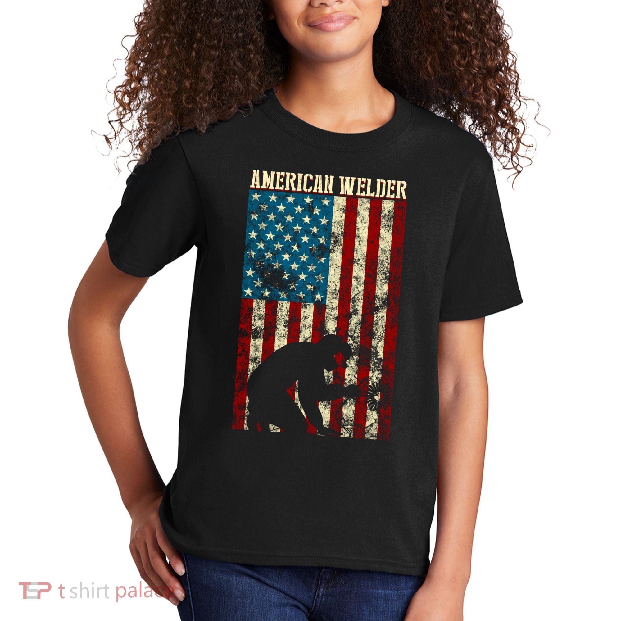 Welding Patriotic Distressed Usa American Flag Gift Welder Gift Kids T-Shirt