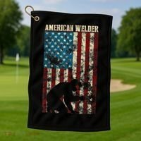 Welding Patriotic Distressed USA American Flag Gift Welder Golf Towel thumb 1