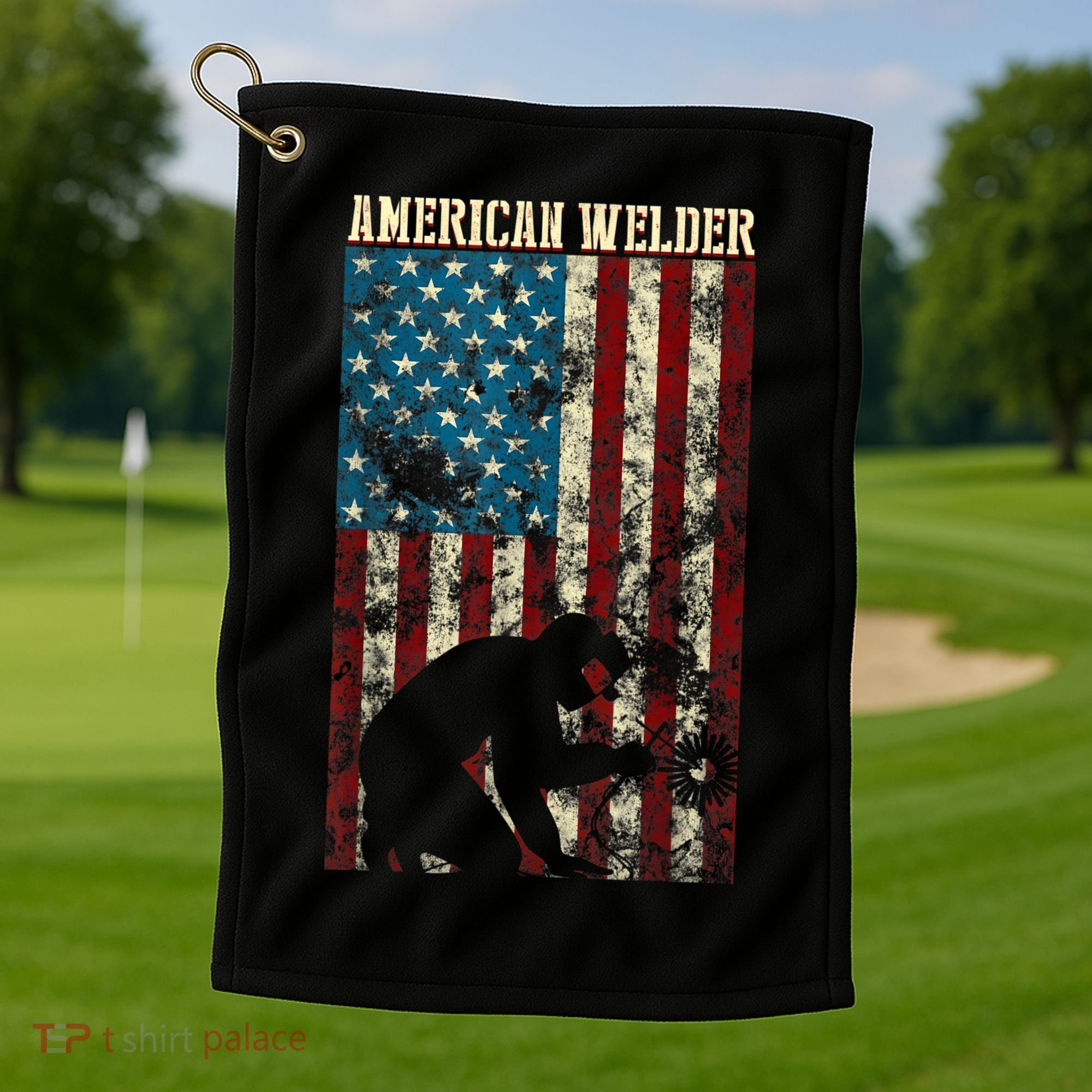 Welding Patriotic Distressed USA American Flag Gift Welder Golf Towel