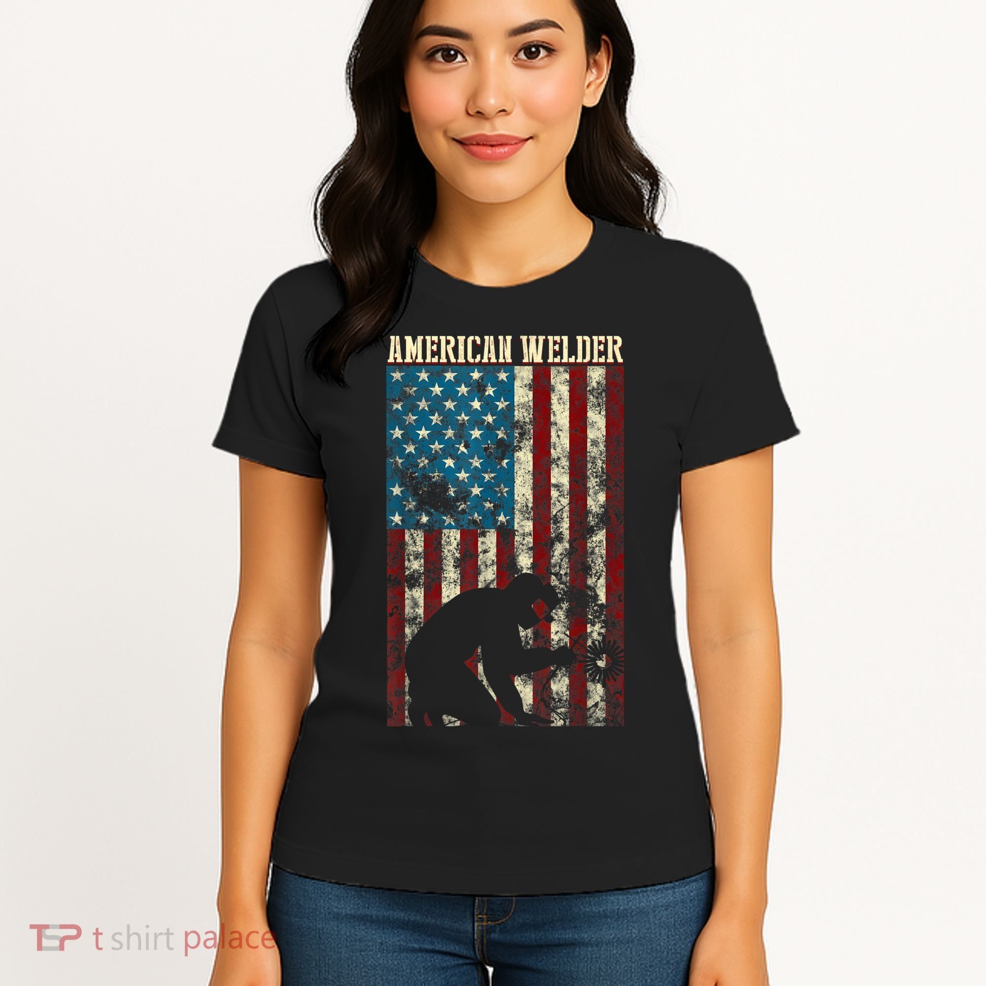 Welding Patriotic Distressed USA American Flag Gift Welder Women's T-Shirt