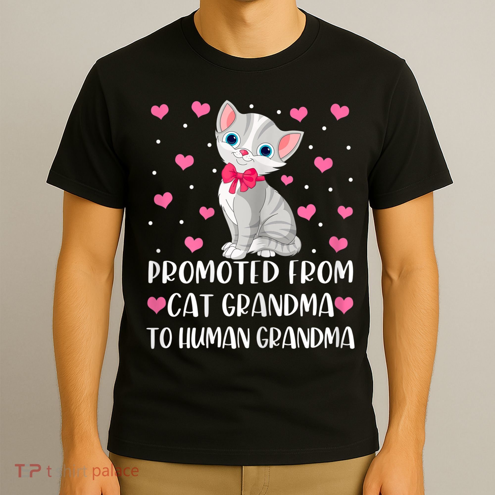 Womens Promoted From Cat Grandma To Human Grandma Funny Cat T-Shirt