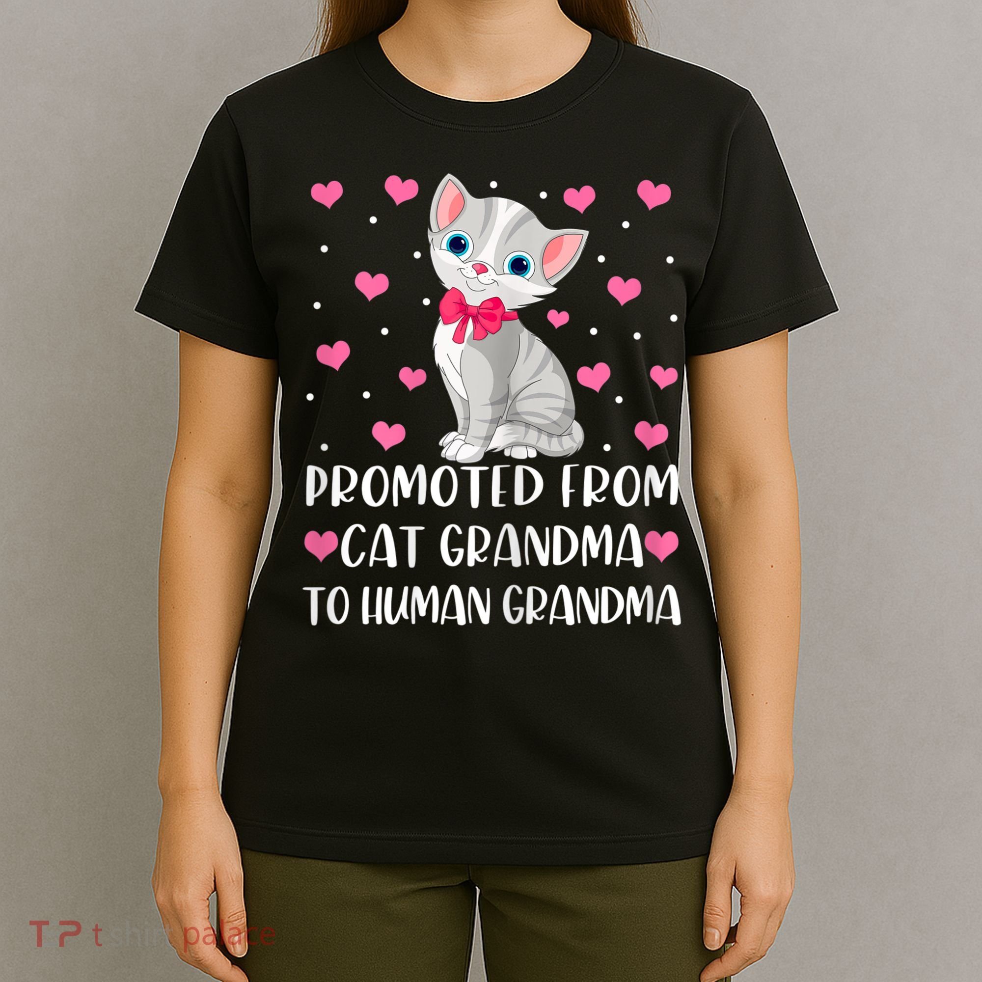 Womens Promoted From Cat Grandma To Human Grandma Funny Cat T-Shirt