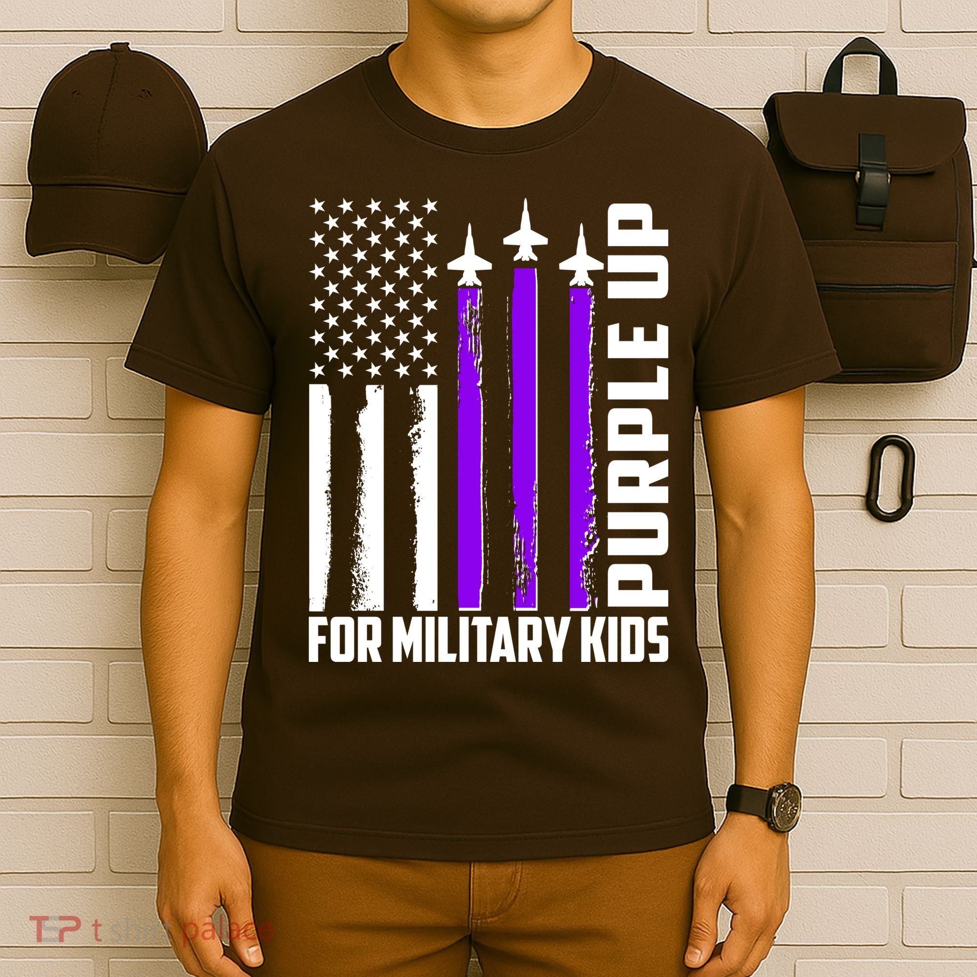 Wear Purple For Military Family Kids USA Flag T-Shirt