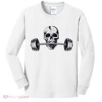 Weightlifting  Powerlifting Heavy Barbell Skull Kids Long Sleeve Shirt thumb 0