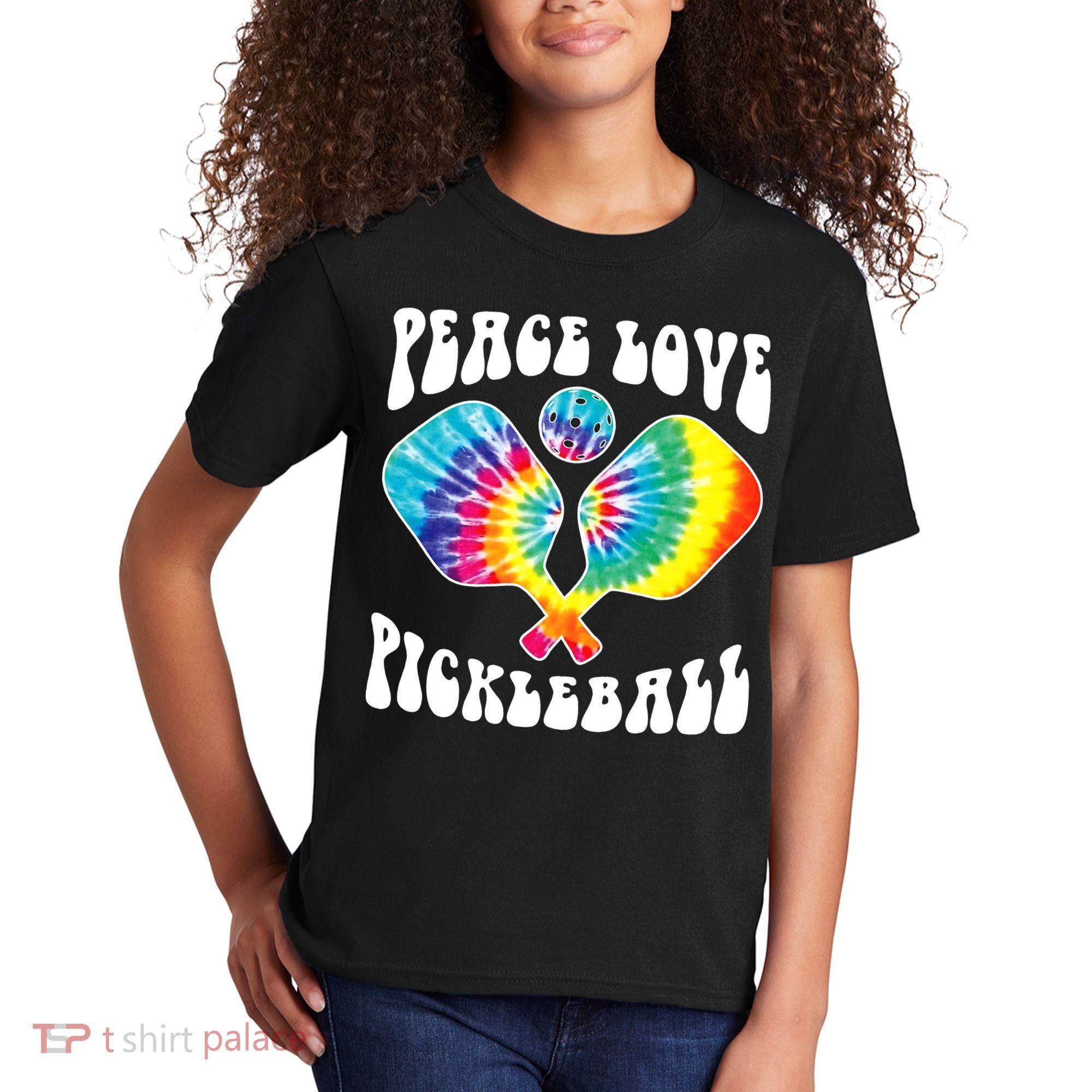 Wo Peace Love Pickleball Funny Pickleball Player Kids T-Shirt