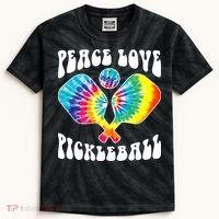 Wo Peace Love Pickleball Funny Pickleball Player Kids Tie-Dye T-Shirt thumb 0