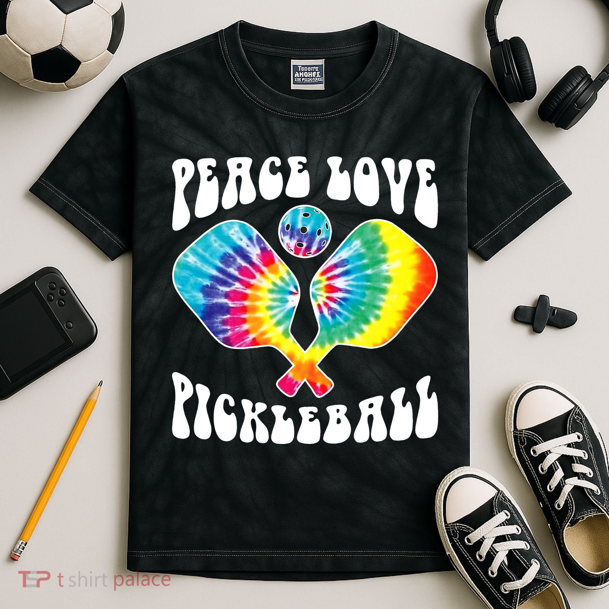 Wo Peace Love Pickleball Funny Pickleball Player Kids Tie-Dye T-Shirt