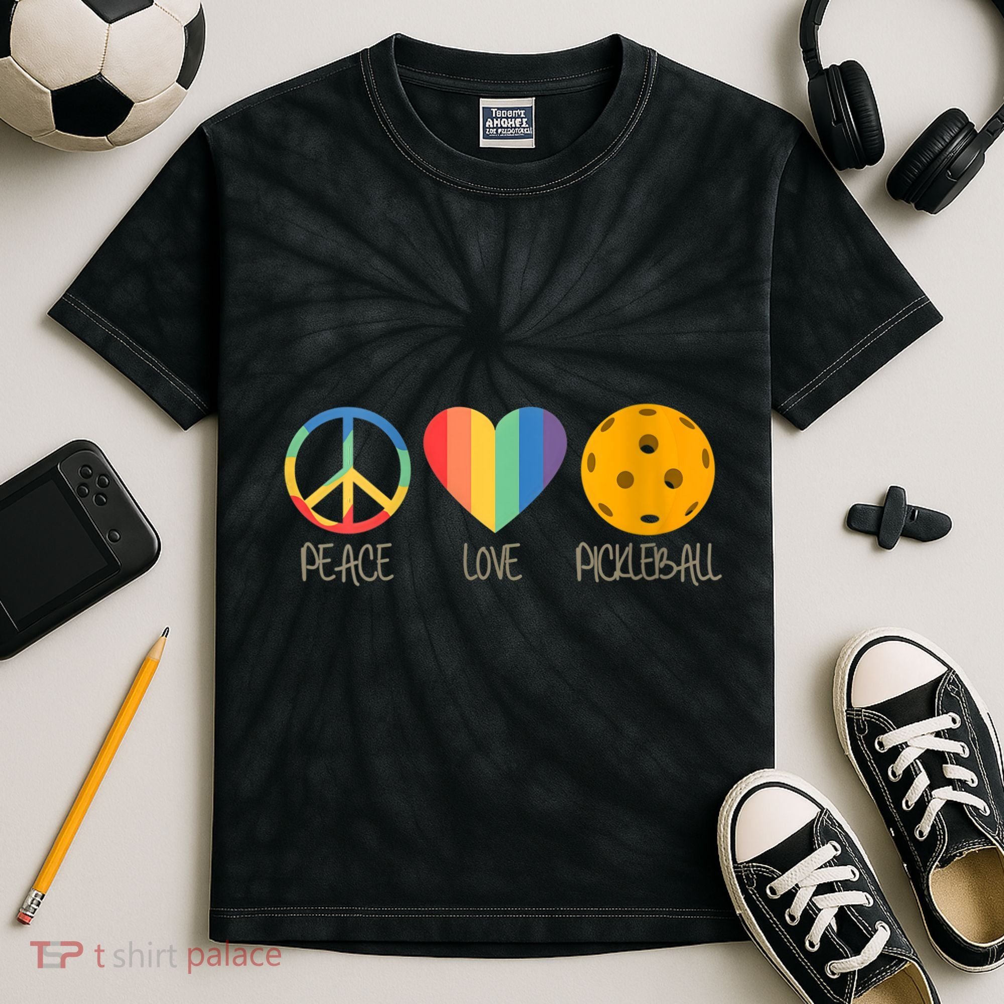 Womens Peace Love Pickleball Kids Tie-Dye T-Shirt