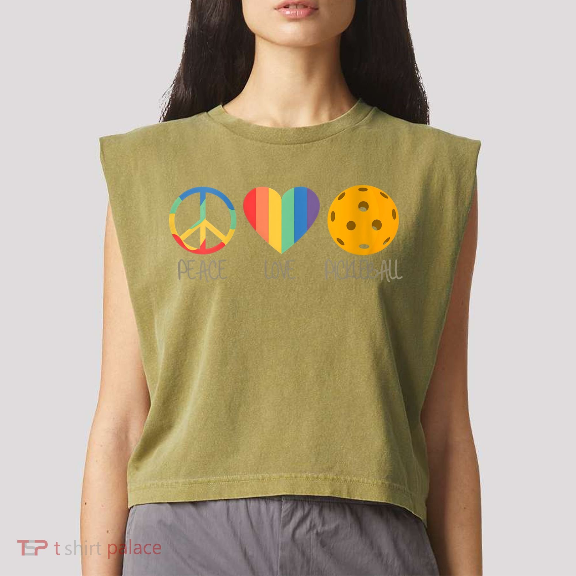 Womens Peace Love Pickleball Garment-Dyed Women's Muscle Tee