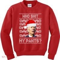 Who Pooped My Pants? Funny Biden Ugly Christmas Kids Sweatshirt thumb 0