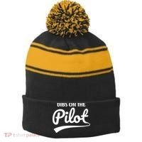 Womens Pilot Wife Dibs On The Pilot Pilot Girlfriend Stripe Pom Pom Beanie thumb 0