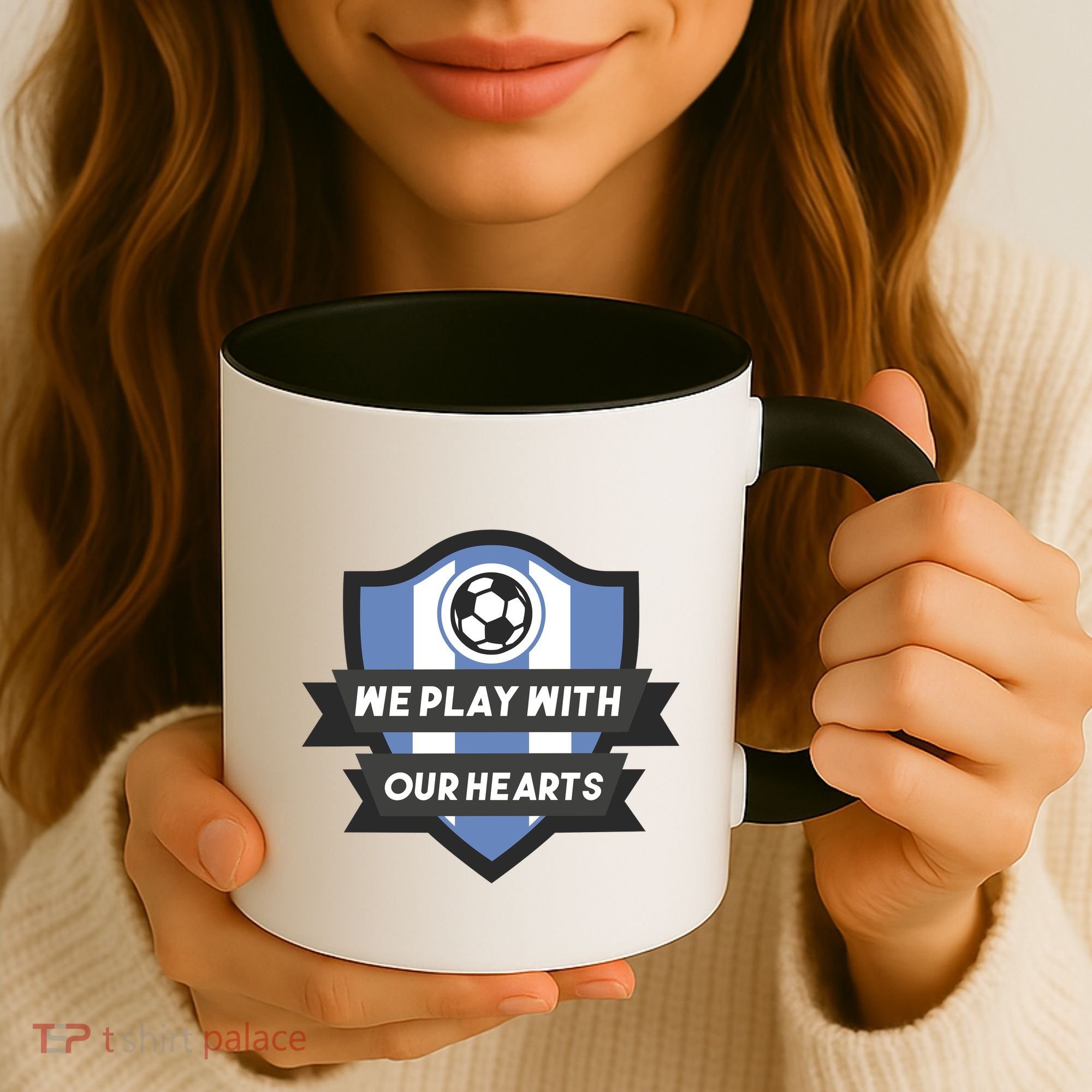 We Play With Our Hearts Soccer Player Coffee Mug