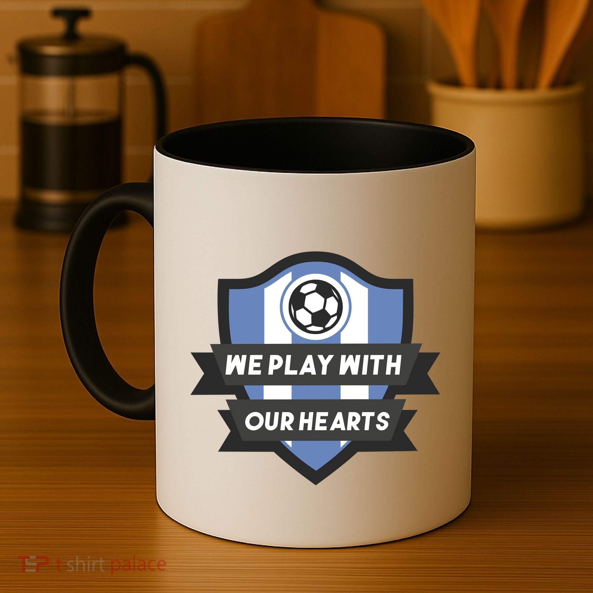 We Play With Our Hearts Soccer Player Coffee Mug