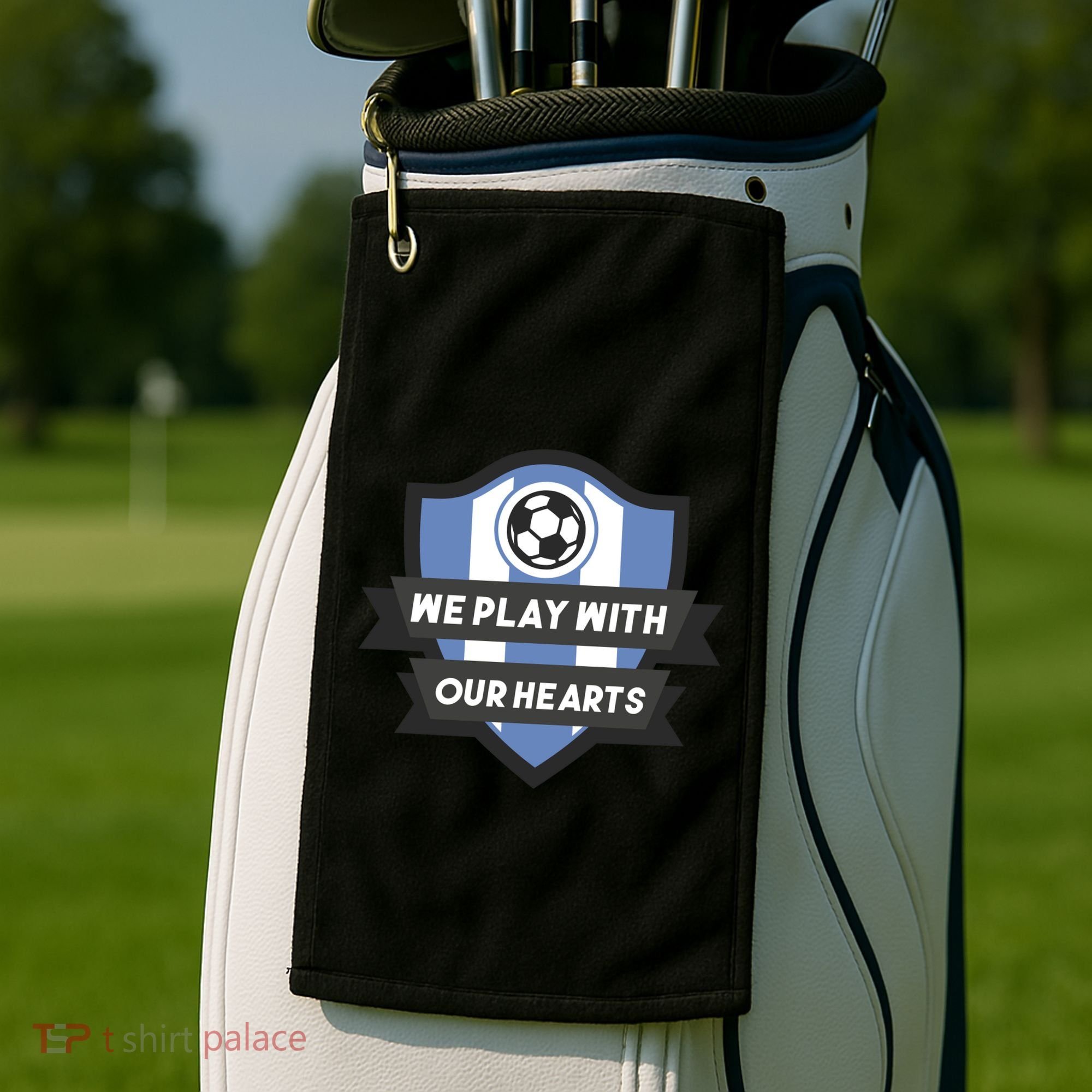 We Play With Our Hearts Soccer Player Golf Towel