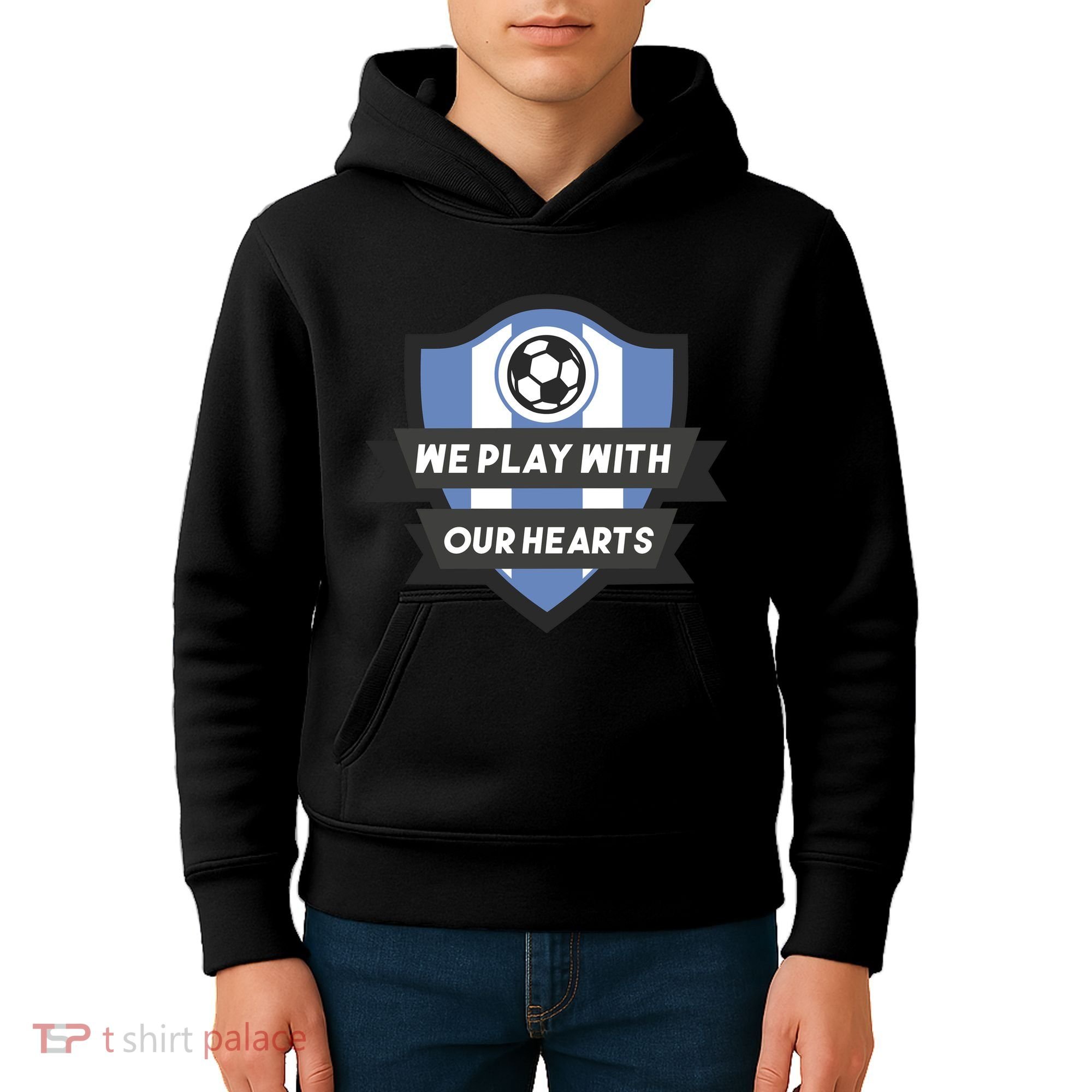 We Play With Our Hearts Soccer Player Kids Hoodie