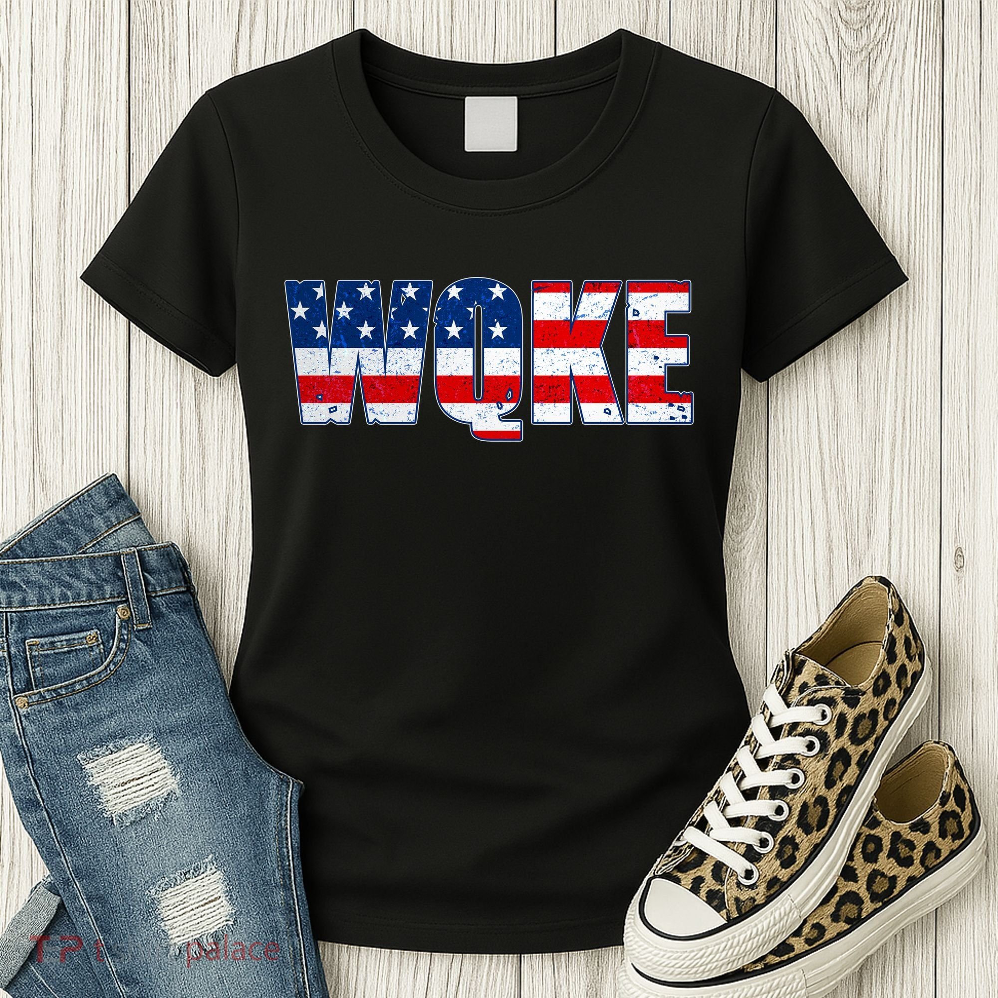 WQKE Woke QAnon American Flag Women's T-Shirt