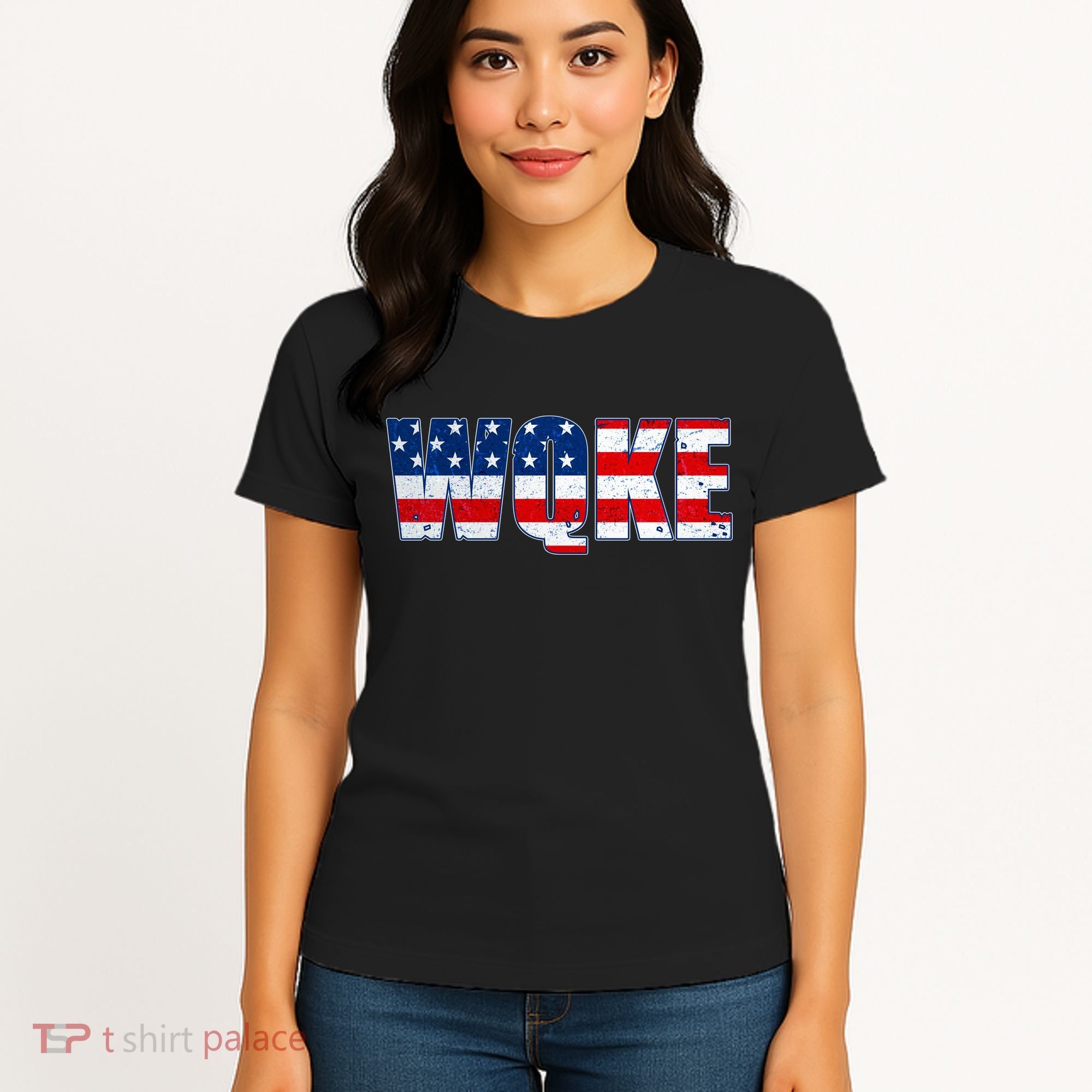 WQKE Woke QAnon American Flag Women's T-Shirt