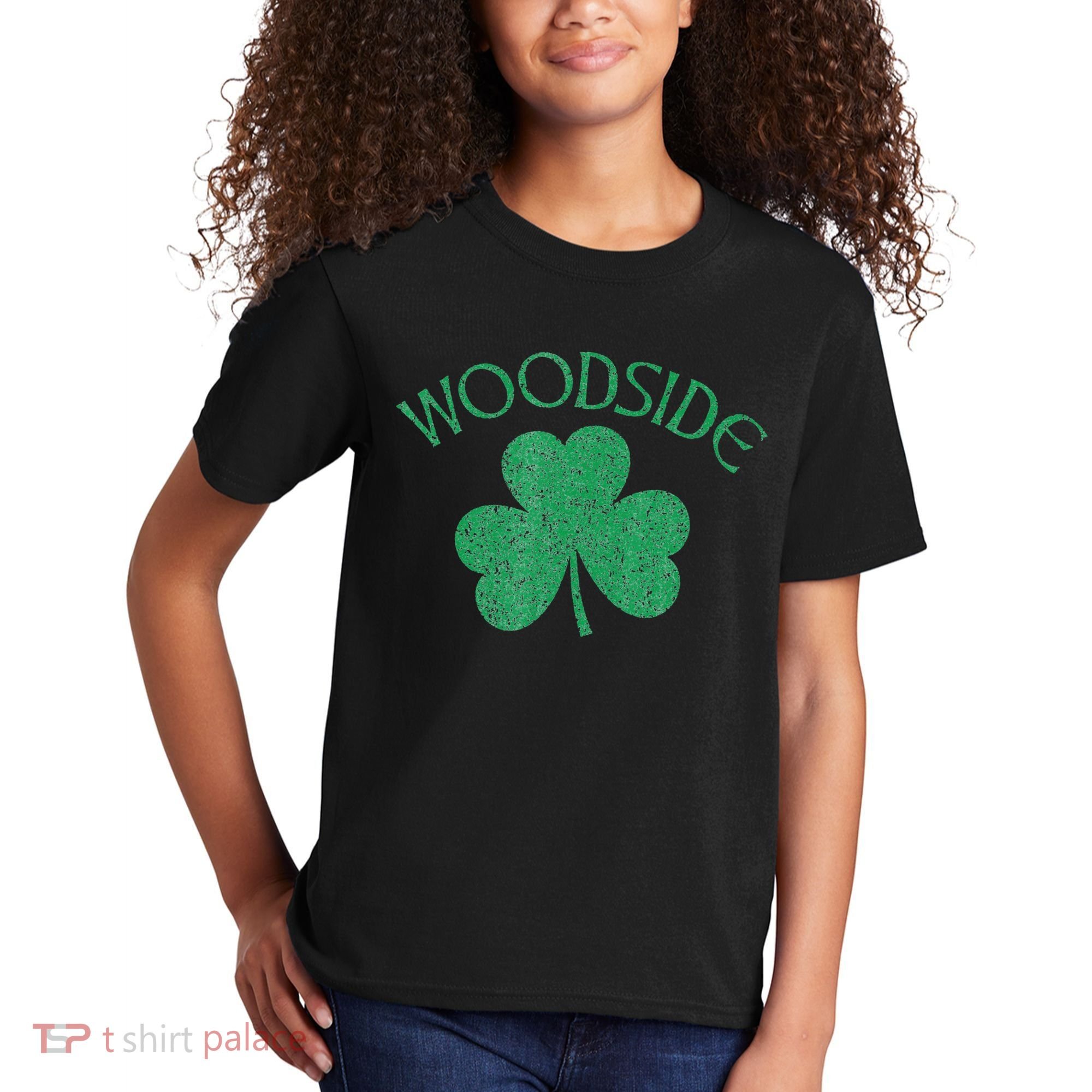 Woodside Queens NY Irish Shamrock Distressed Green Kids T-Shirt