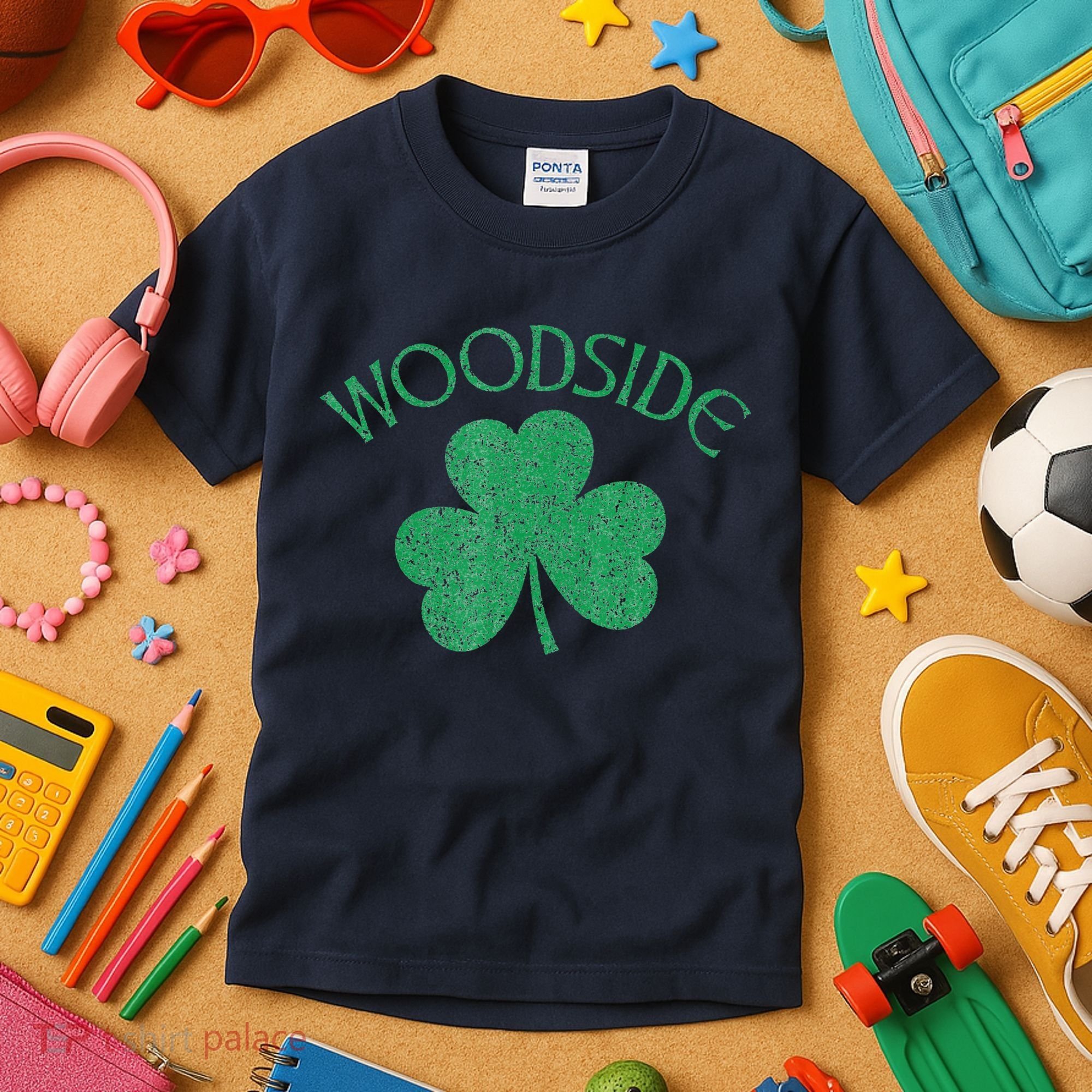 Woodside Queens NY Irish Shamrock Distressed Green Kids T-Shirt