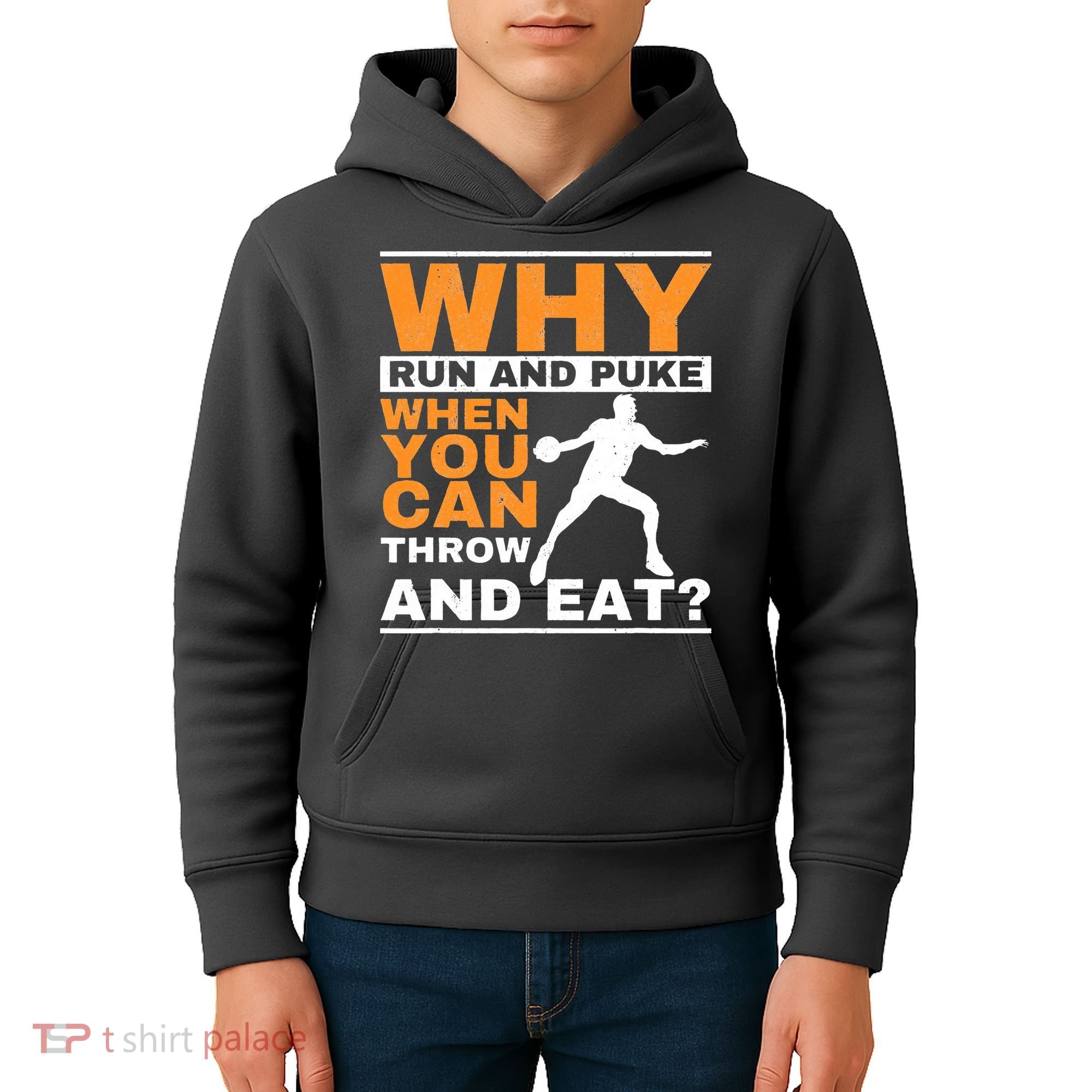 Why Run And Puke Discus Thrower Throw Tack And Field Discus Kids Hoodie