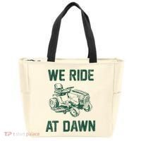 We Ride At Dawn Retro Lawn Mowing Dad Funny Mower Tote Bag thumb 0
