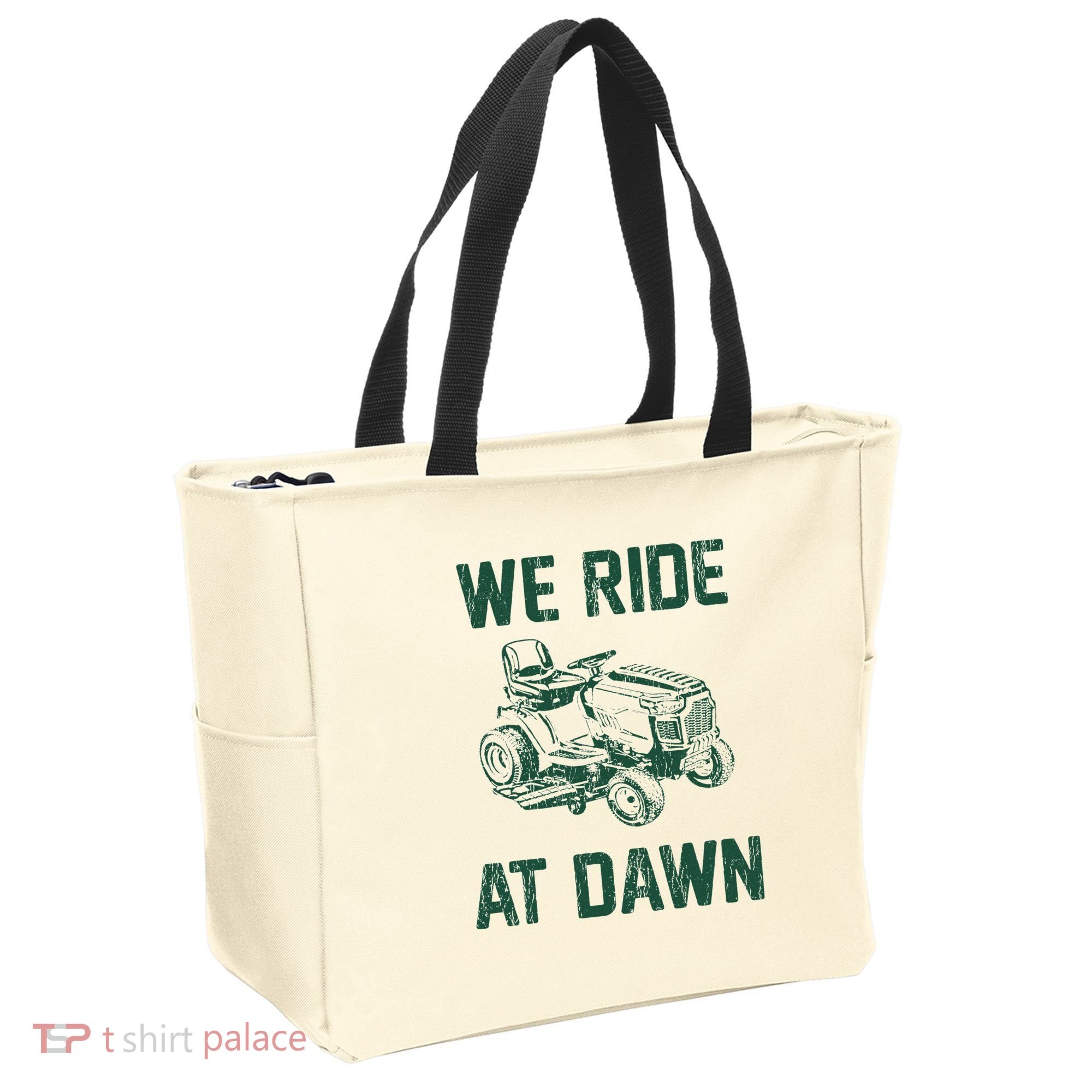 We Ride At Dawn Retro Lawn Mowing Dad Funny Mower Tote Bag