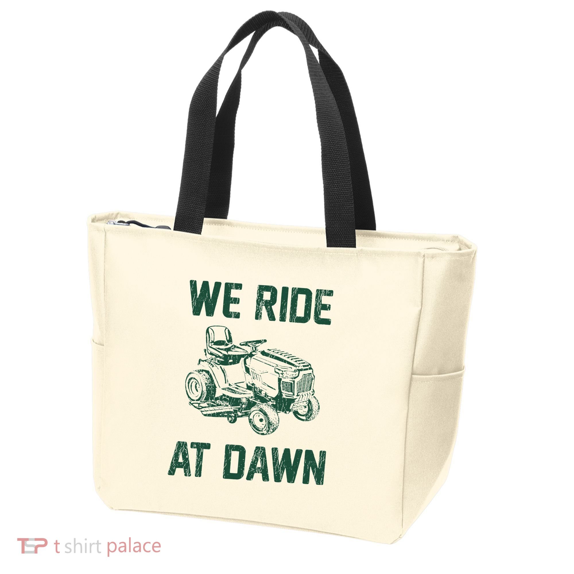 We Ride At Dawn Retro Lawn Mowing Dad Funny Mower Tote Bag