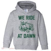 We Ride At Dawn Retro Lawn Mowing Dad Funny Mower Toddler Hoodie thumb 0