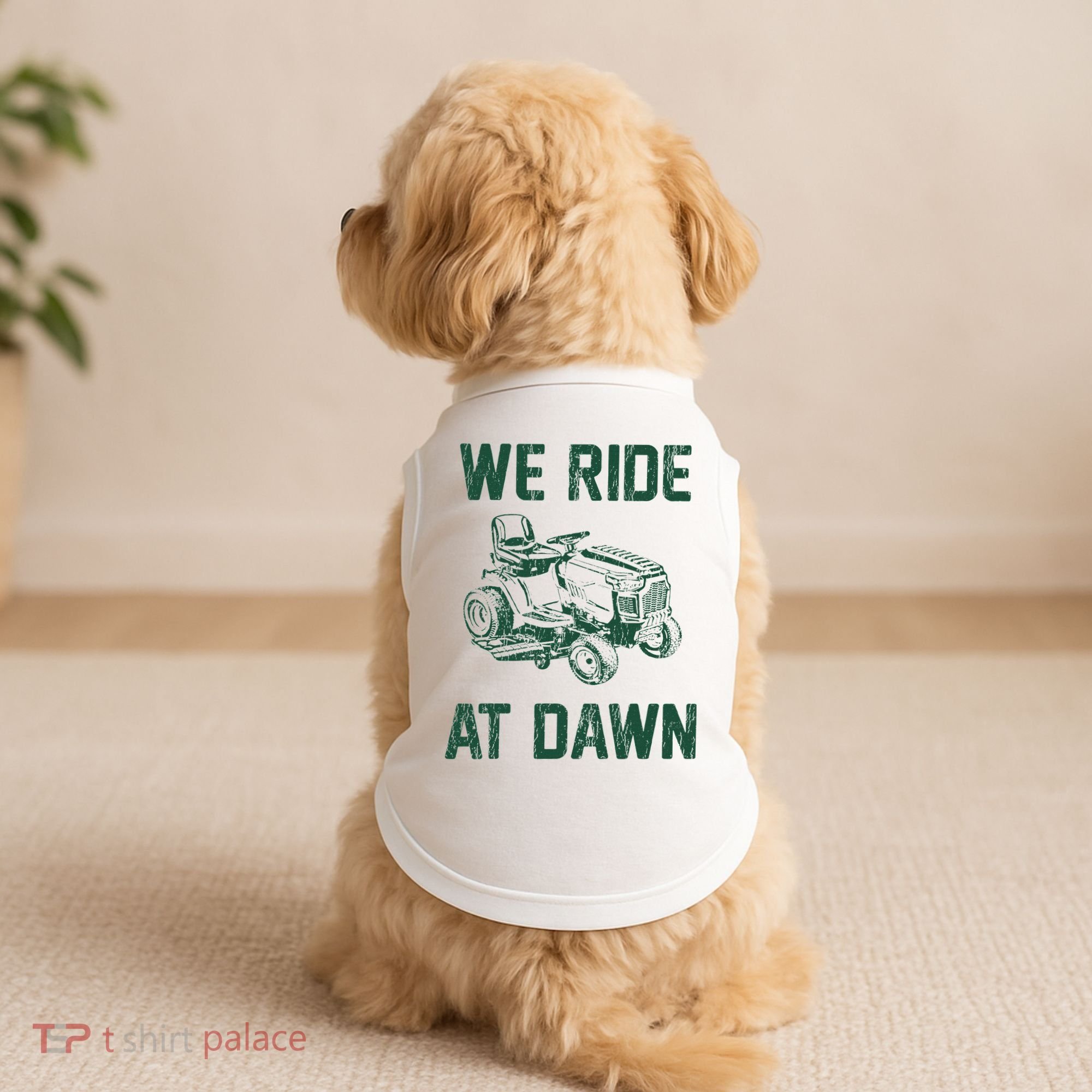 We Ride At Dawn Retro Lawn Mowing Dad Funny Mower Doggie Tank