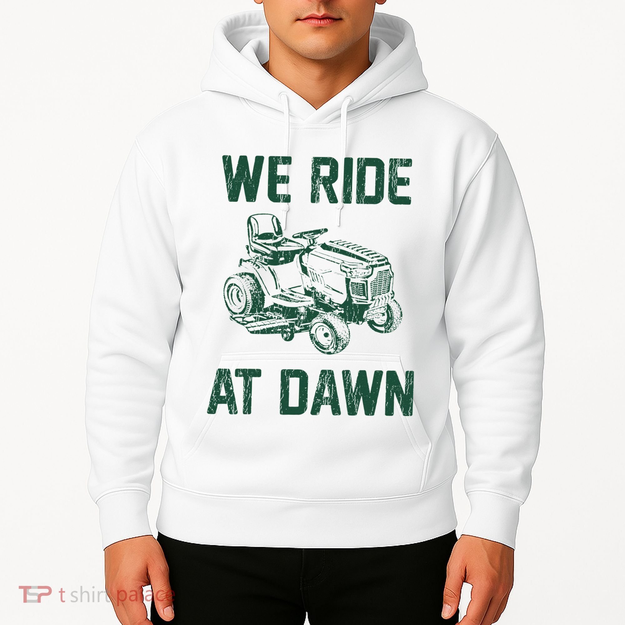 We Ride At Dawn Retro Lawn Mowing Dad Funny Mower Hoodie