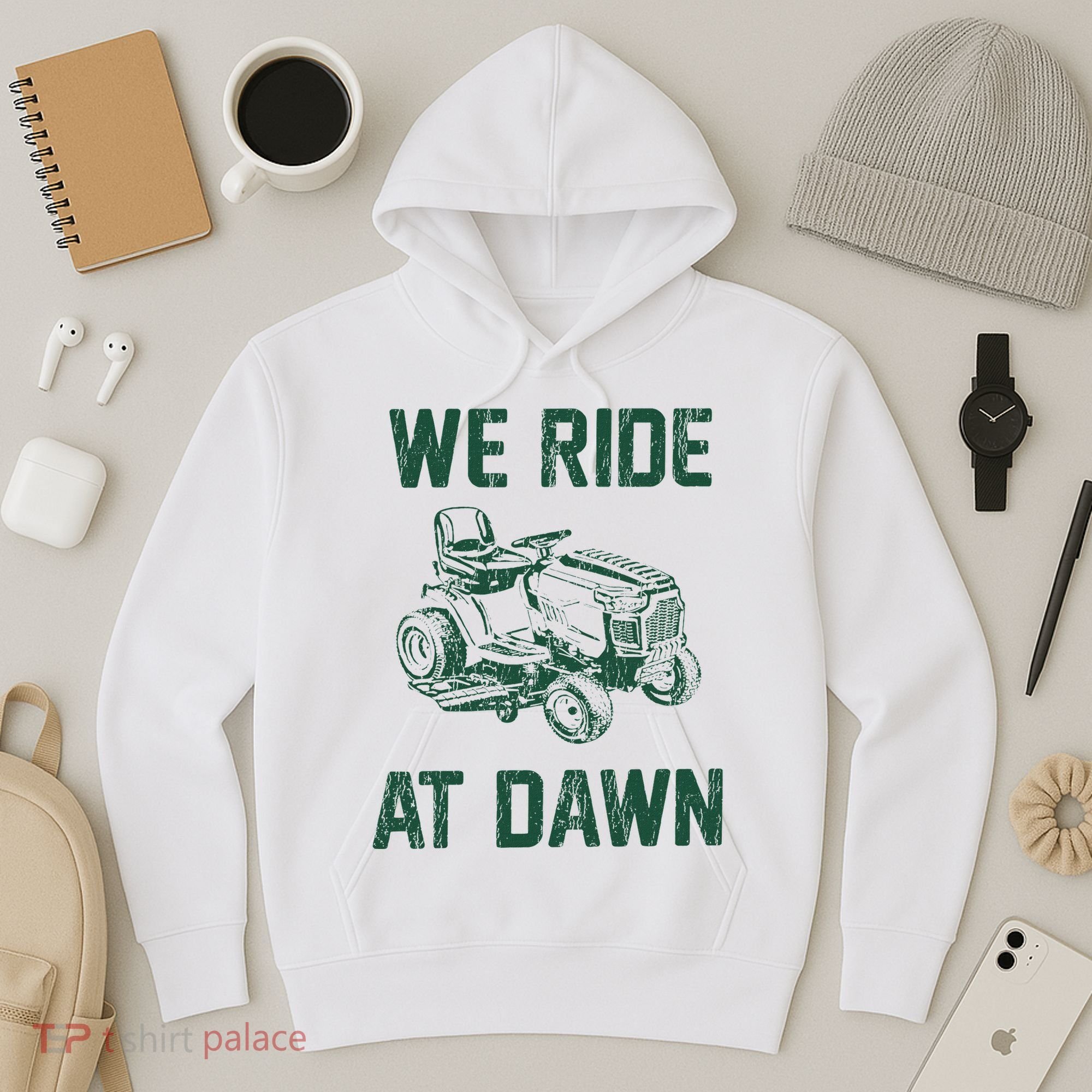 We Ride At Dawn Retro Lawn Mowing Dad Funny Mower Hoodie
